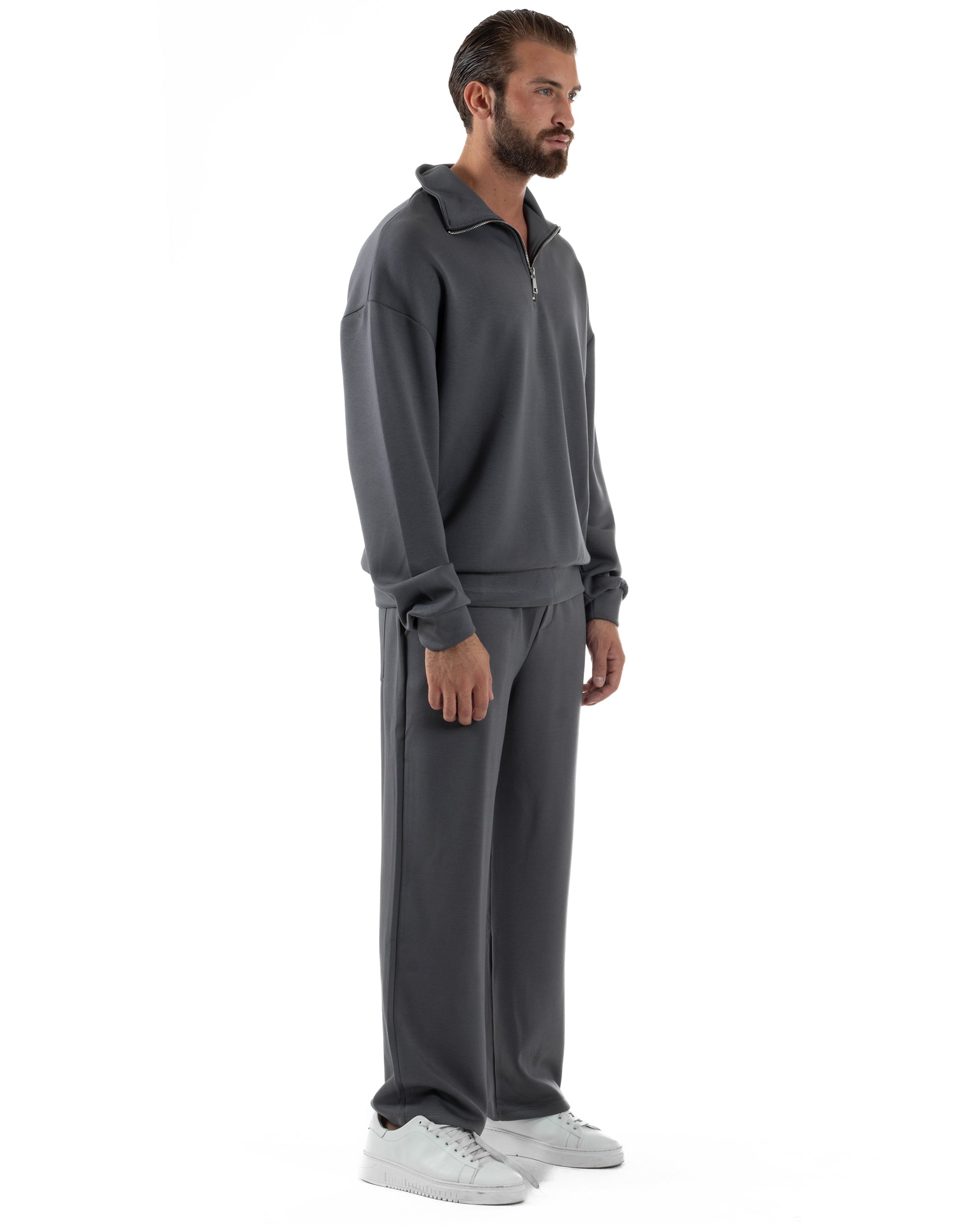 Coordinato Uomo Tuta Felpa Con Colletto Zip Pantaloni Baggy Relaxed Fit Piombo OU2539A