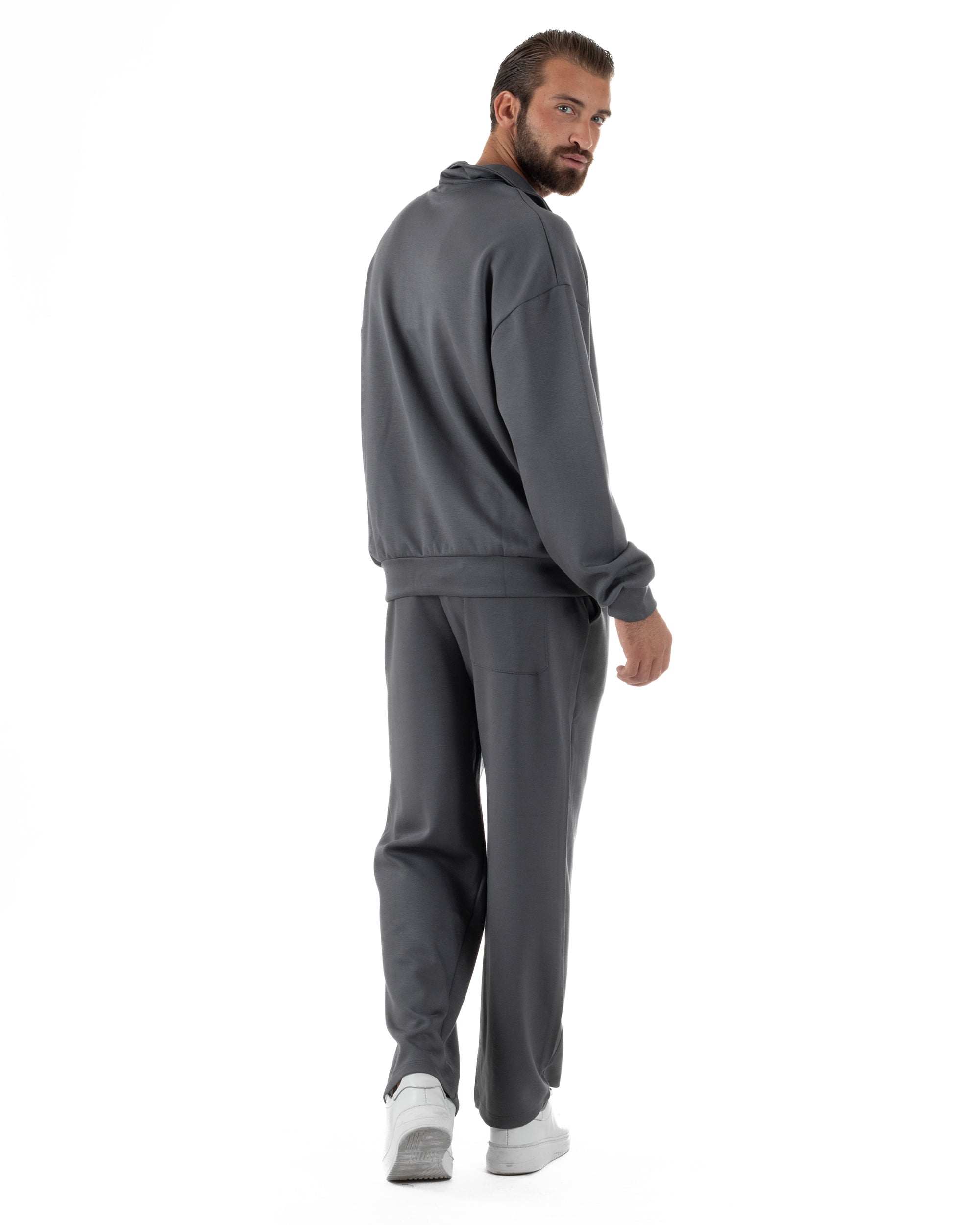 Coordinato Uomo Tuta Felpa Con Colletto Zip Pantaloni Baggy Relaxed Fit Piombo OU2539A