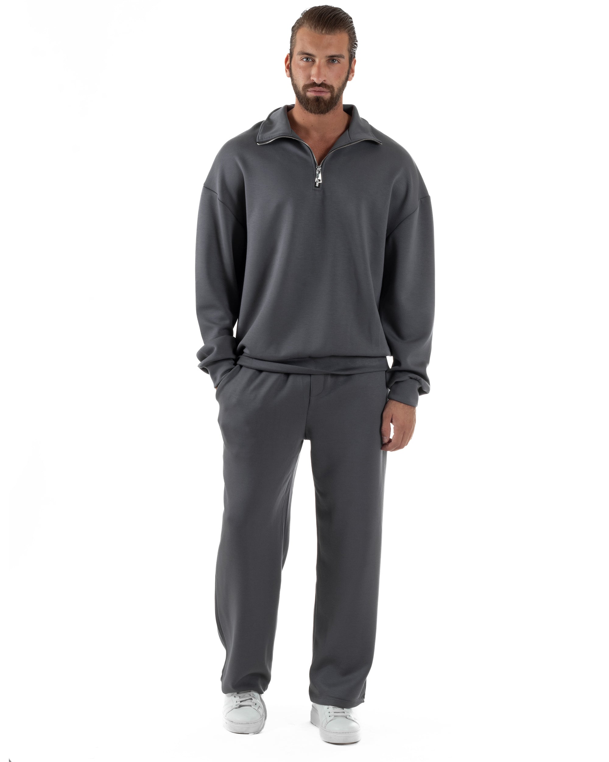 Coordinato Uomo Tuta Felpa Con Colletto Zip Pantaloni Baggy Relaxed Fit Piombo OU2539A
