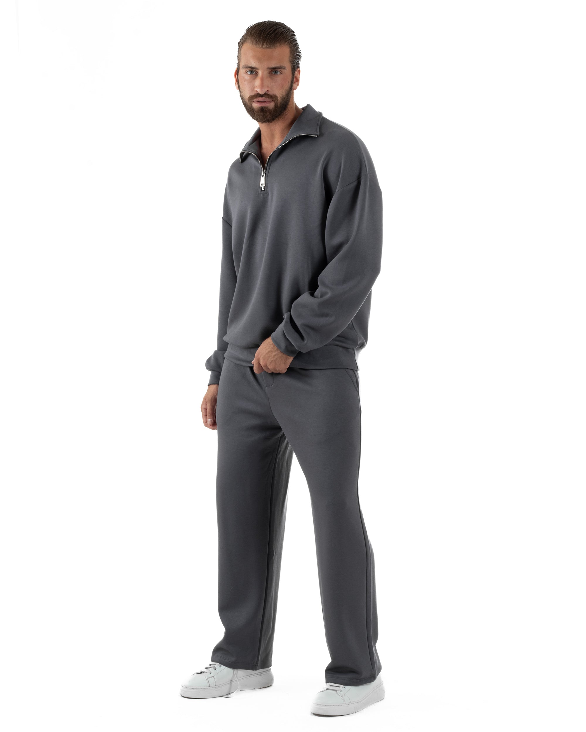 Coordinato Uomo Tuta Felpa Con Colletto Zip Pantaloni Baggy Relaxed Fit Piombo OU2539A