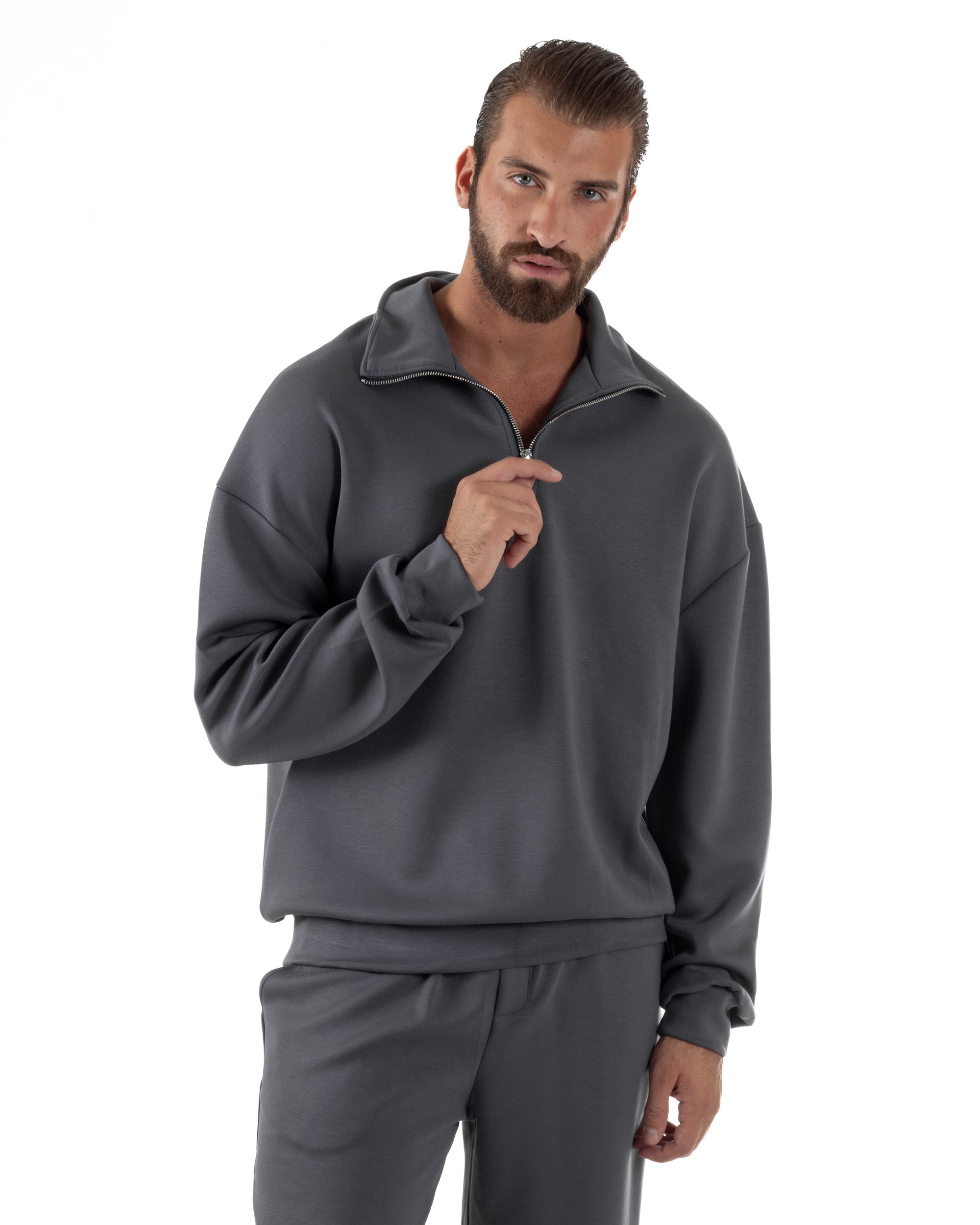 Coordinato Uomo Tuta Felpa Con Colletto Zip Pantaloni Baggy Relaxed Fit Piombo OU2539A