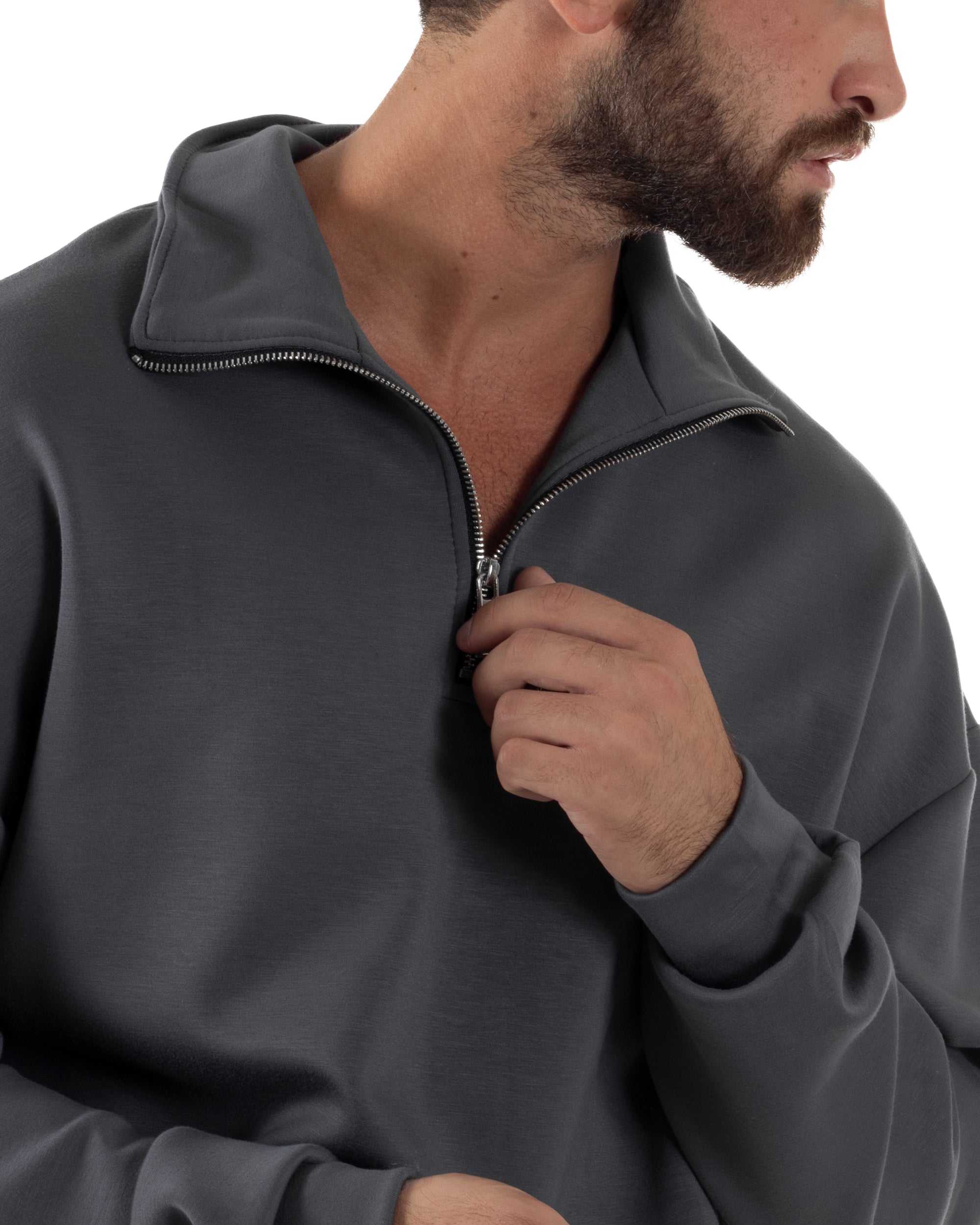 Coordinato Uomo Tuta Felpa Con Colletto Zip Pantaloni Baggy Relaxed Fit Piombo OU2539A