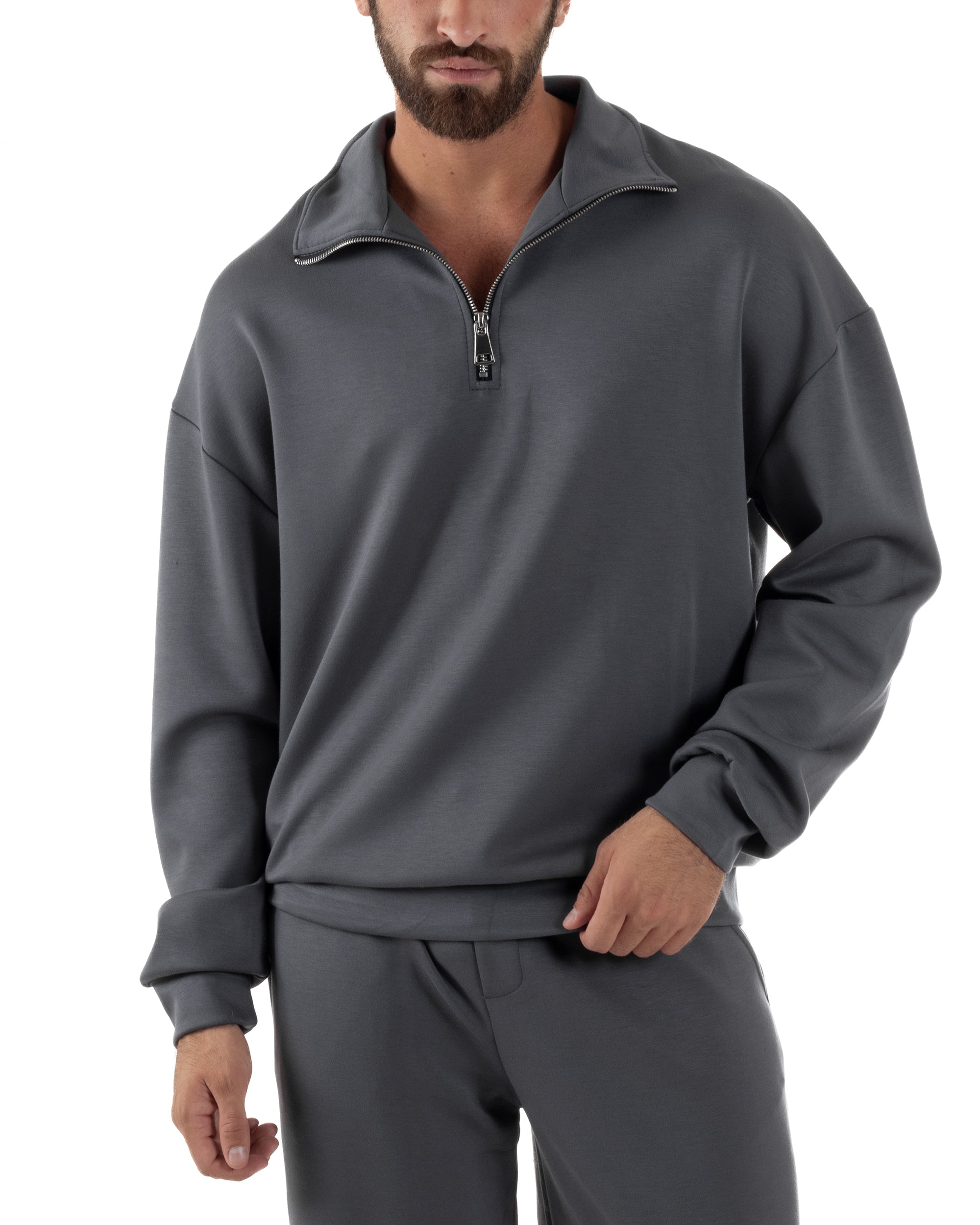 Coordinato Uomo Tuta Felpa Con Colletto Zip Pantaloni Baggy Relaxed Fit Piombo OU2539A