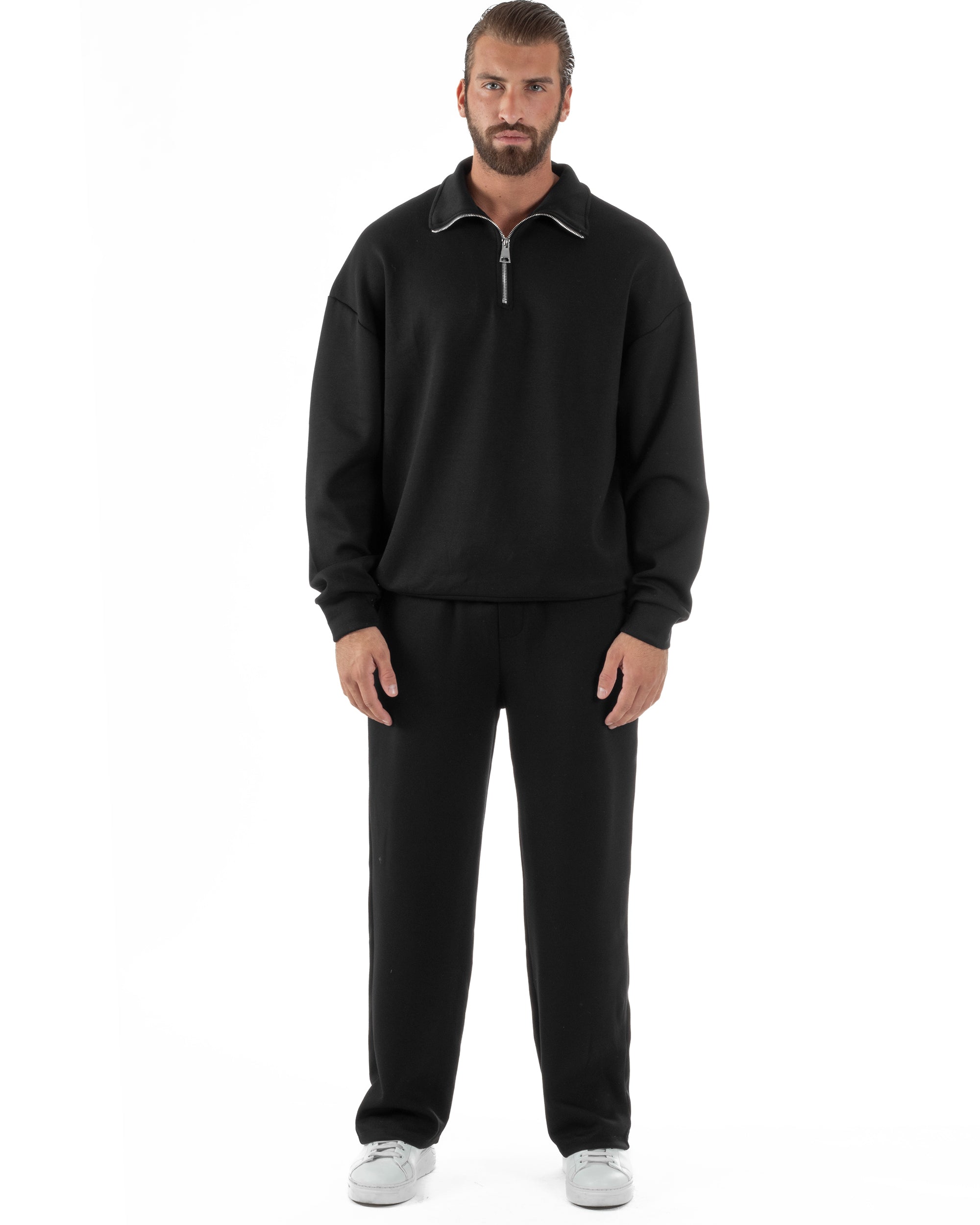 Coordinato Uomo Tuta Felpa Con Colletto Zip Pantaloni Baggy Relaxed Fit Nero OU2540A