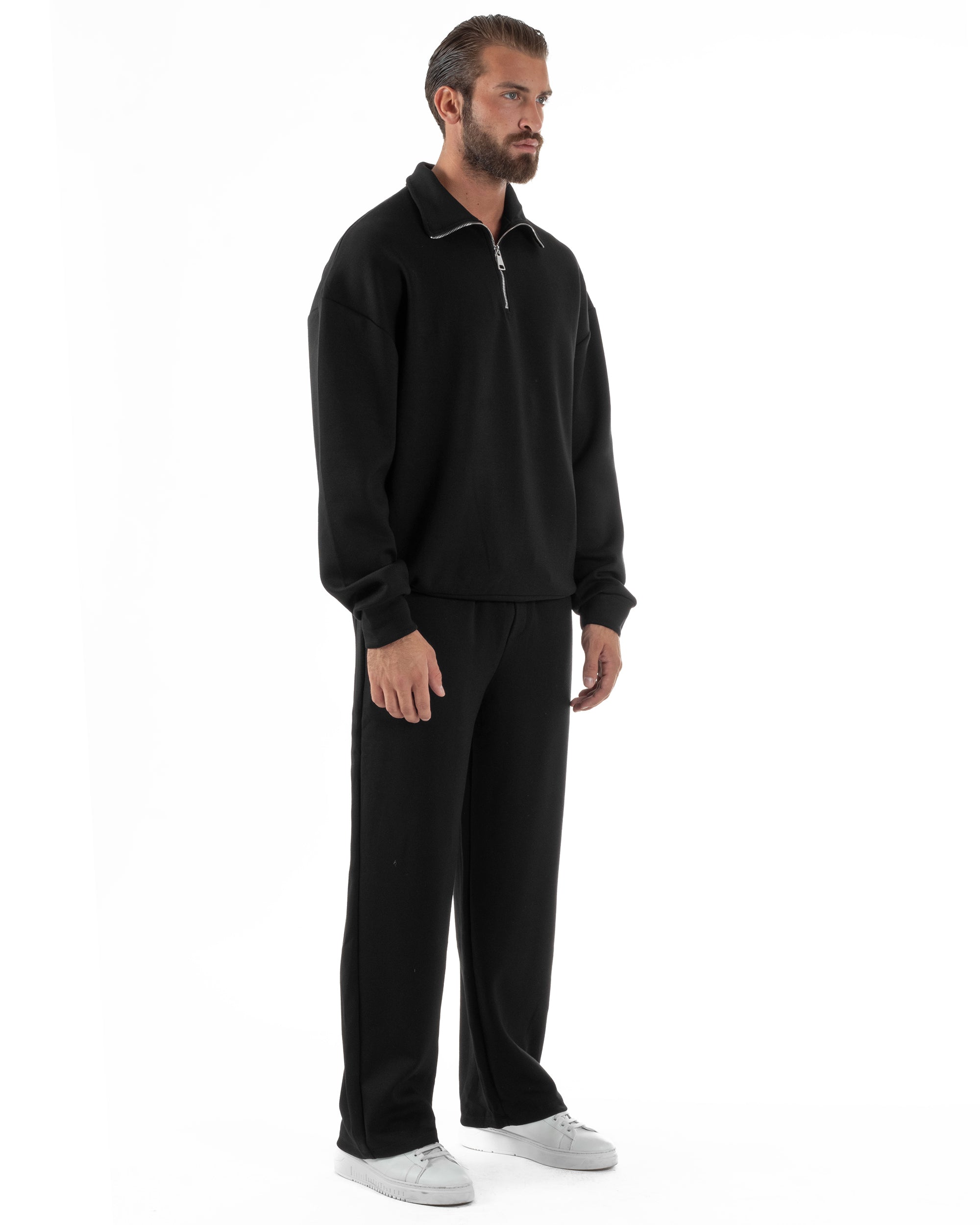 Coordinato Uomo Tuta Felpa Con Colletto Zip Pantaloni Baggy Relaxed Fit Nero OU2540A
