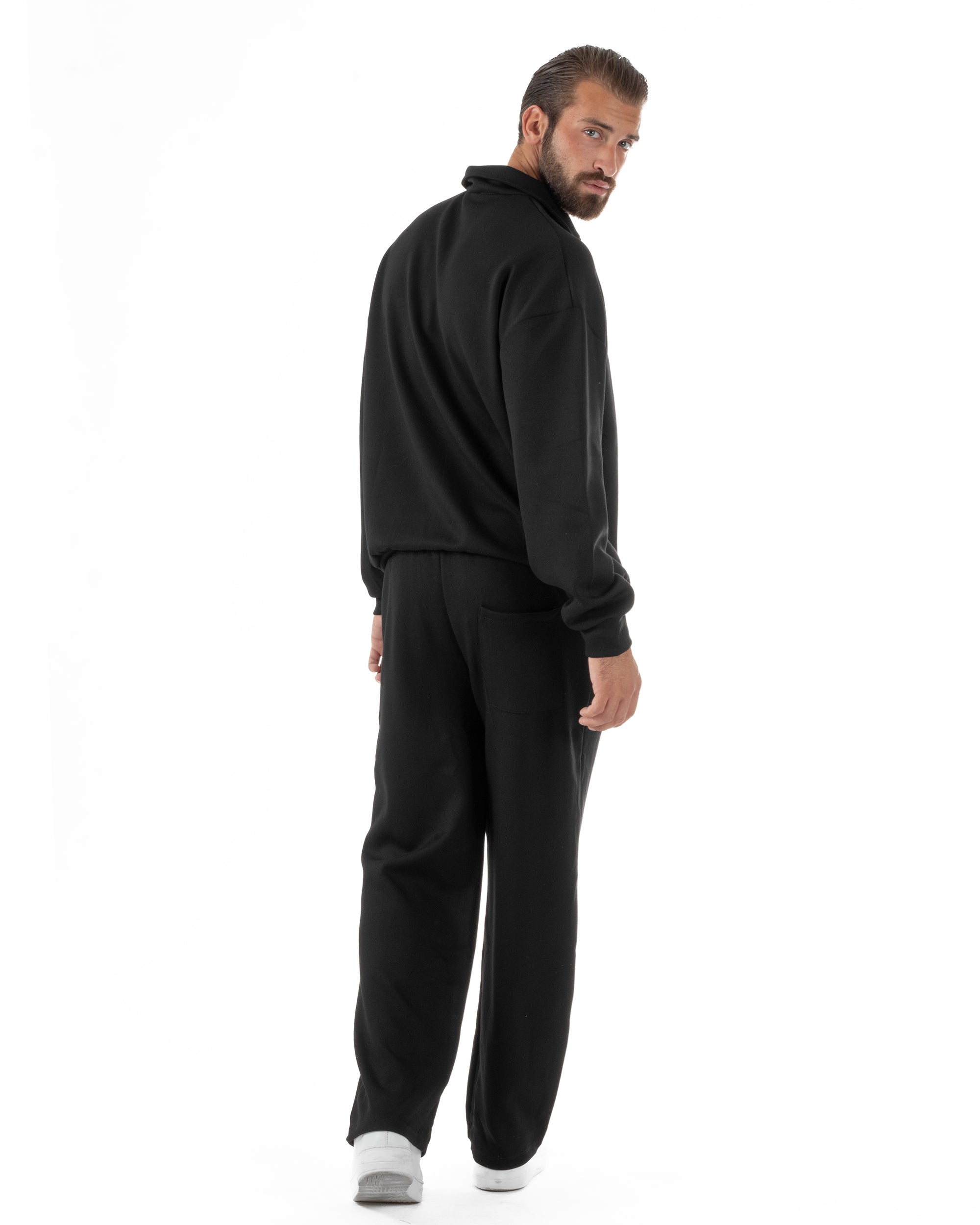 Coordinato Uomo Tuta Felpa Con Colletto Zip Pantaloni Baggy Relaxed Fit Nero OU2540A