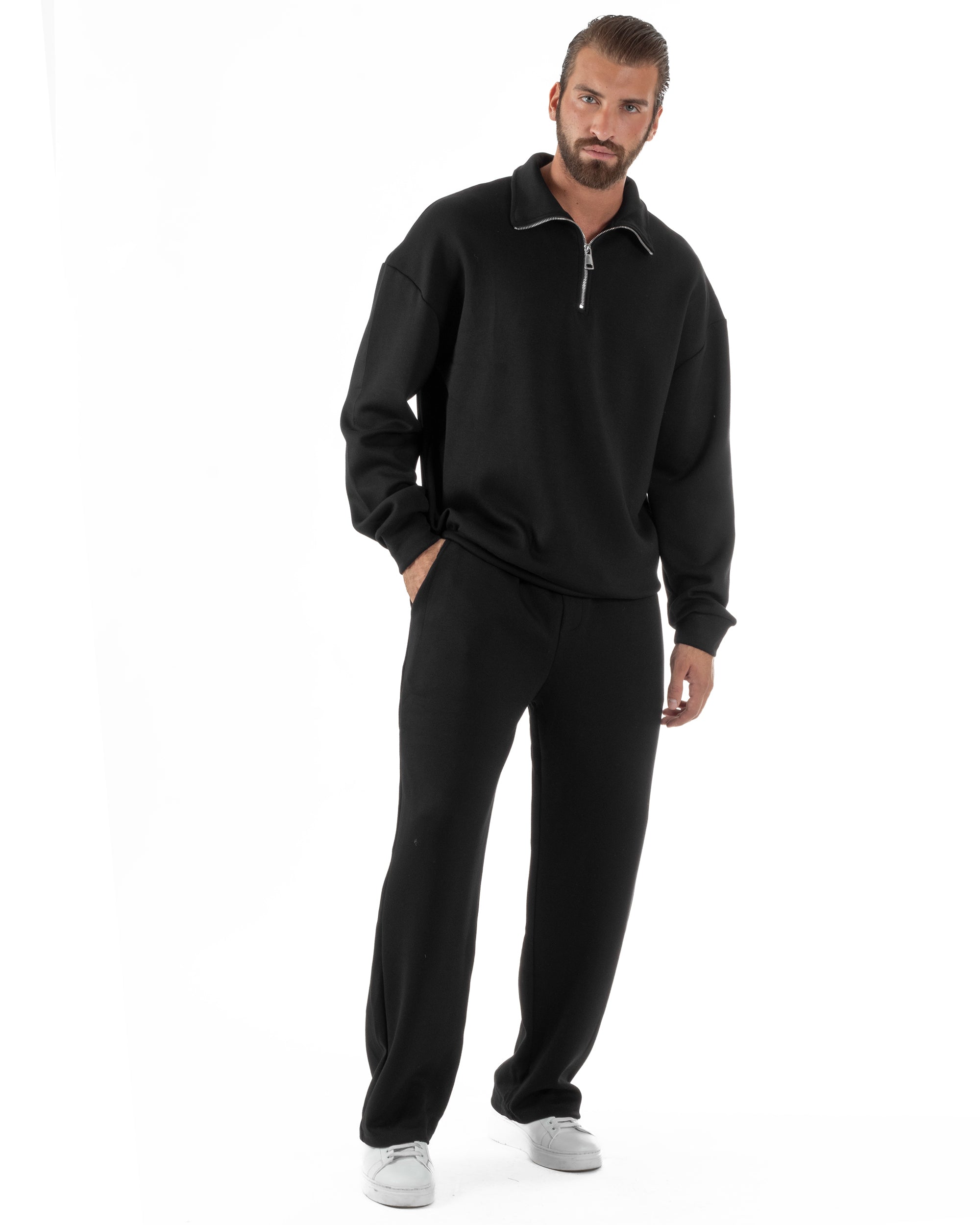 Coordinato Uomo Tuta Felpa Con Colletto Zip Pantaloni Baggy Relaxed Fit Nero OU2540A