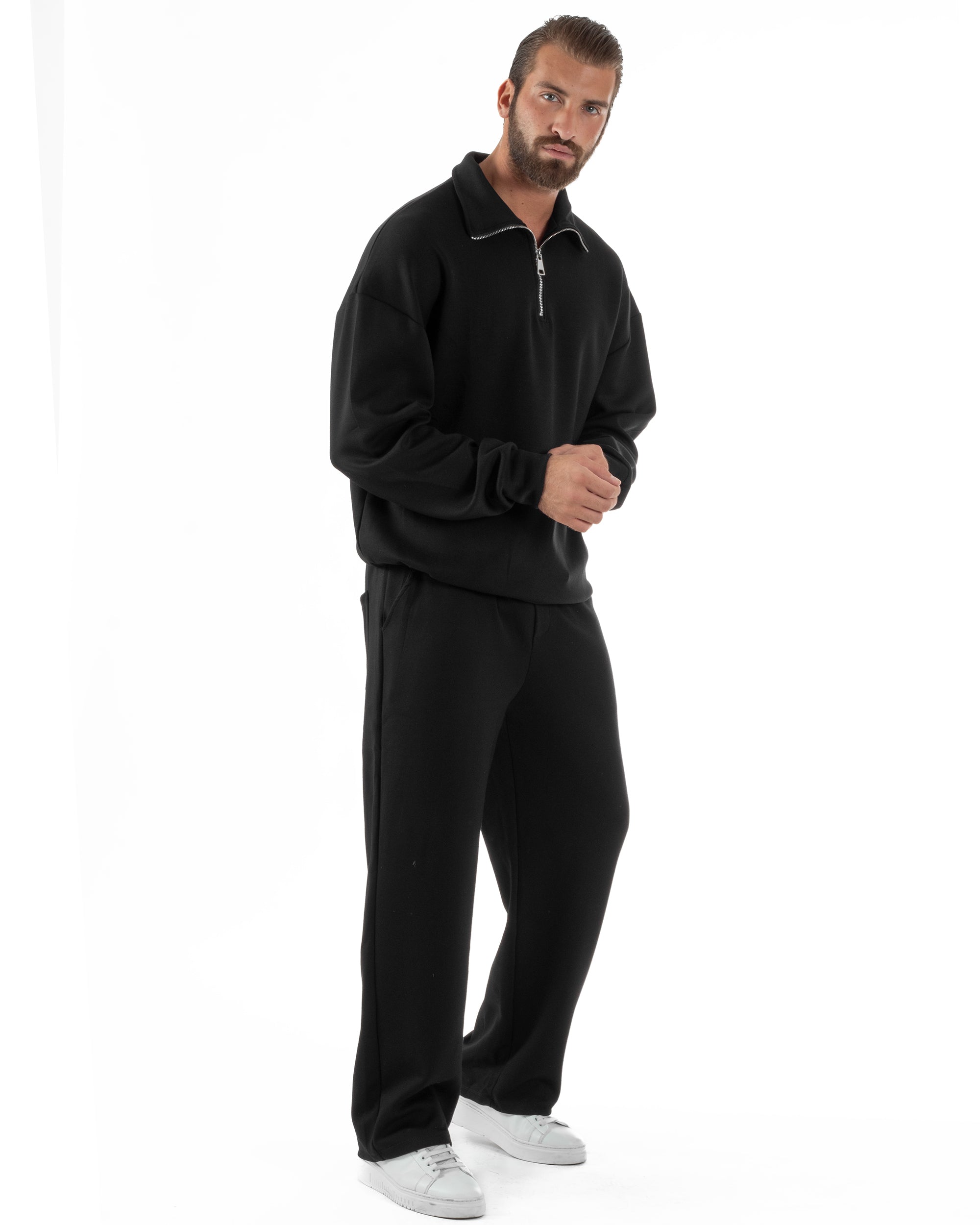 Coordinato Uomo Tuta Felpa Con Colletto Zip Pantaloni Baggy Relaxed Fit Nero OU2540A
