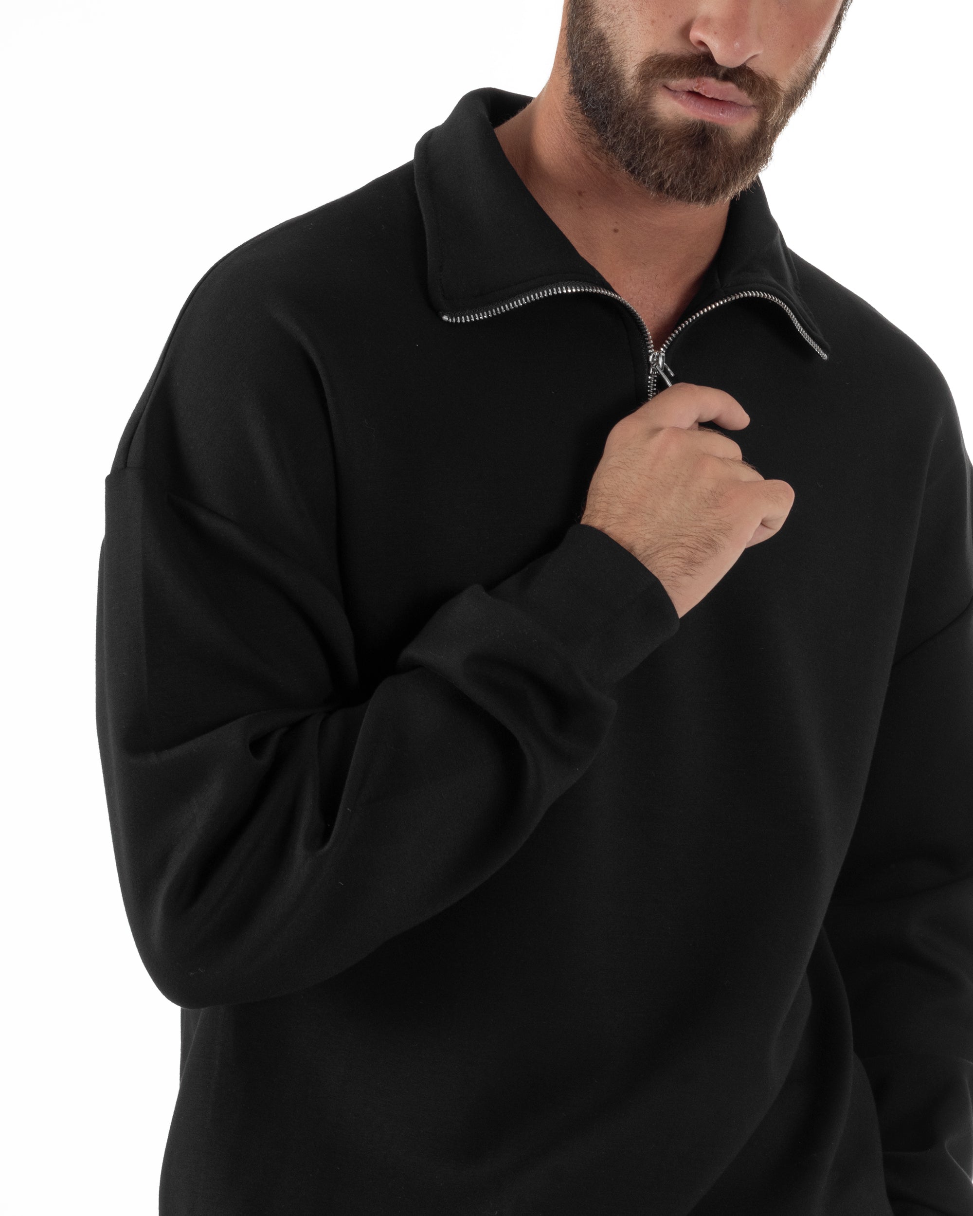 Coordinato Uomo Tuta Felpa Con Colletto Zip Pantaloni Baggy Relaxed Fit Nero OU2540A