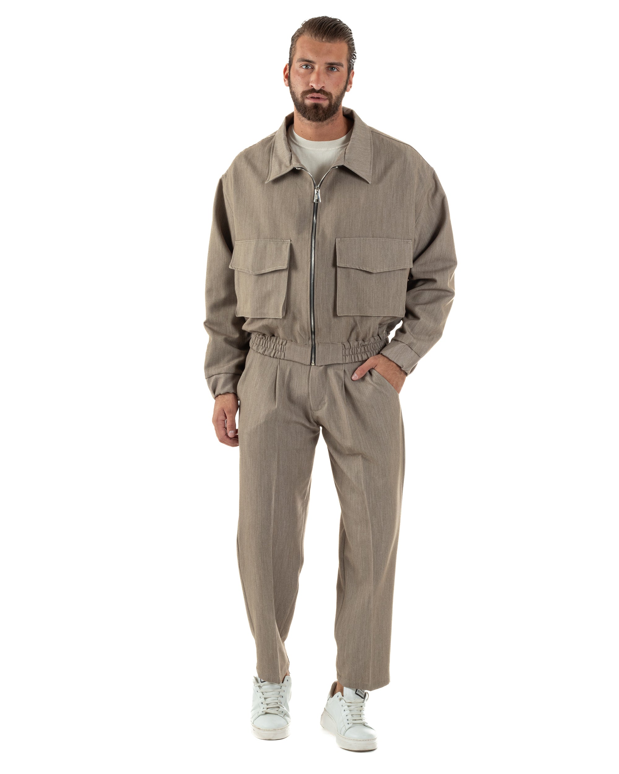 Coordinato Uomo Viscosa Giacca Boxy Fit Pantaloni Con Pinces Beige OU2541A