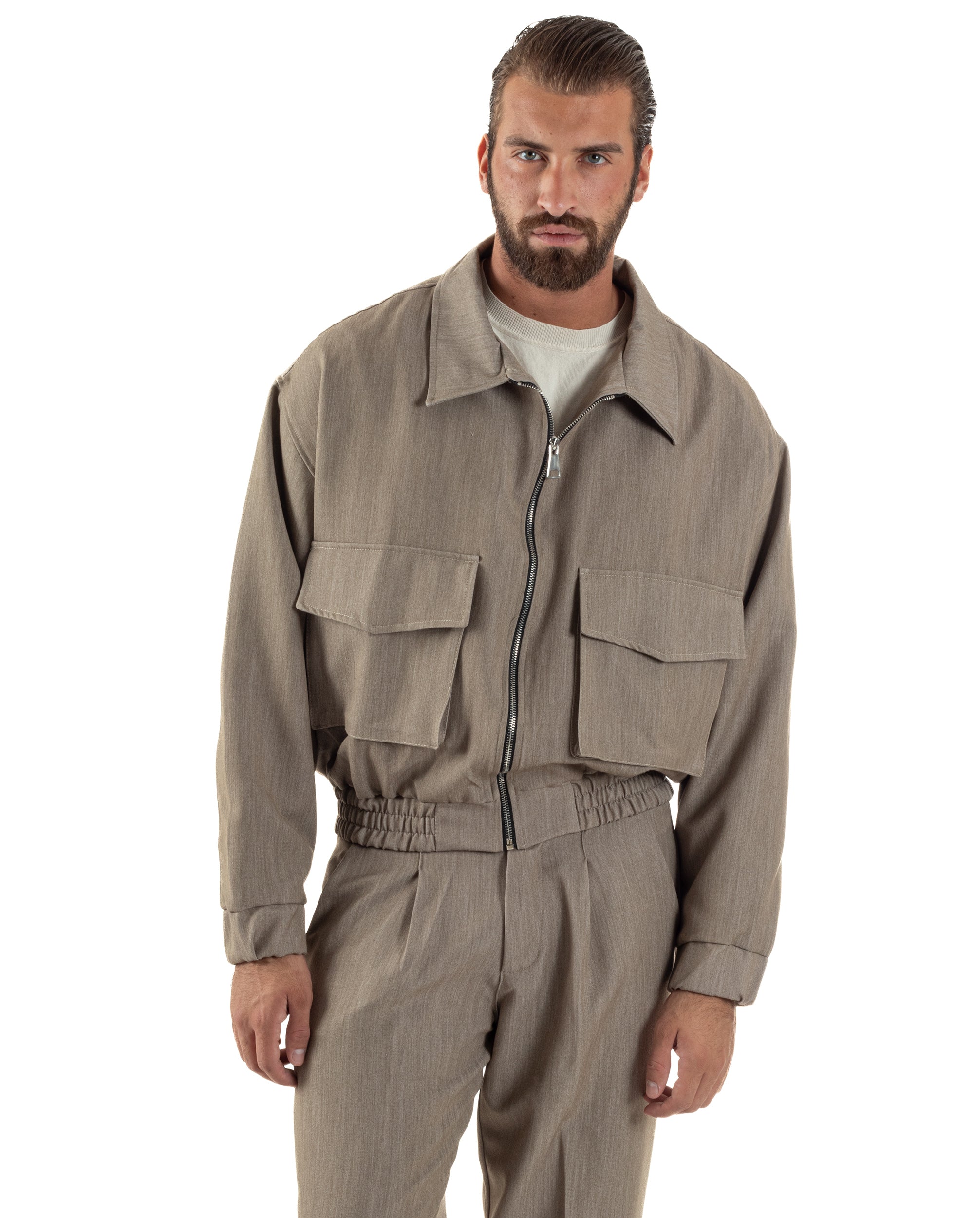 Coordinato Uomo Viscosa Giacca Boxy Fit Pantaloni Con Pinces Beige OU2541A