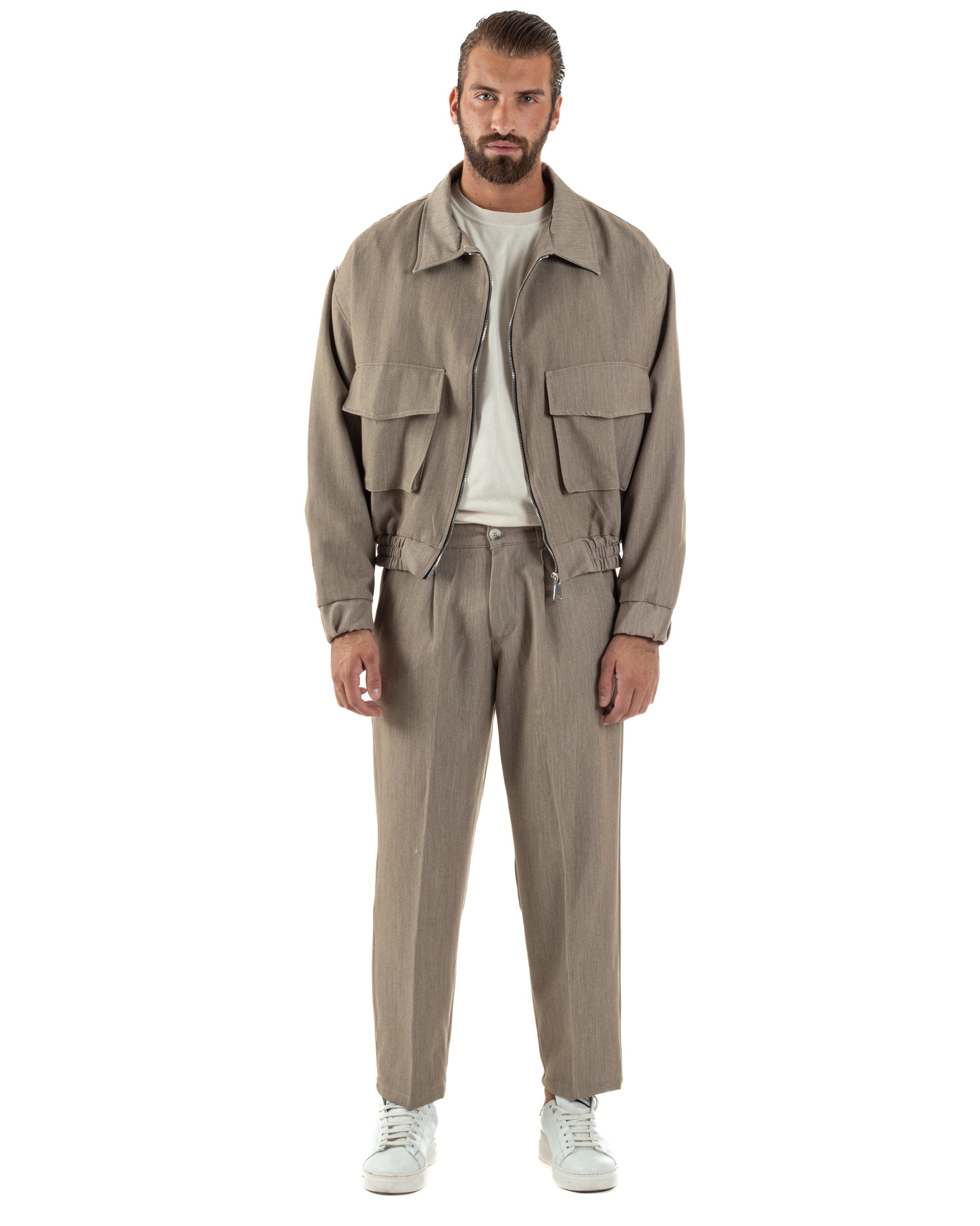 Coordinato Uomo Viscosa Giacca Boxy Fit Pantaloni Con Pinces Beige OU2541A