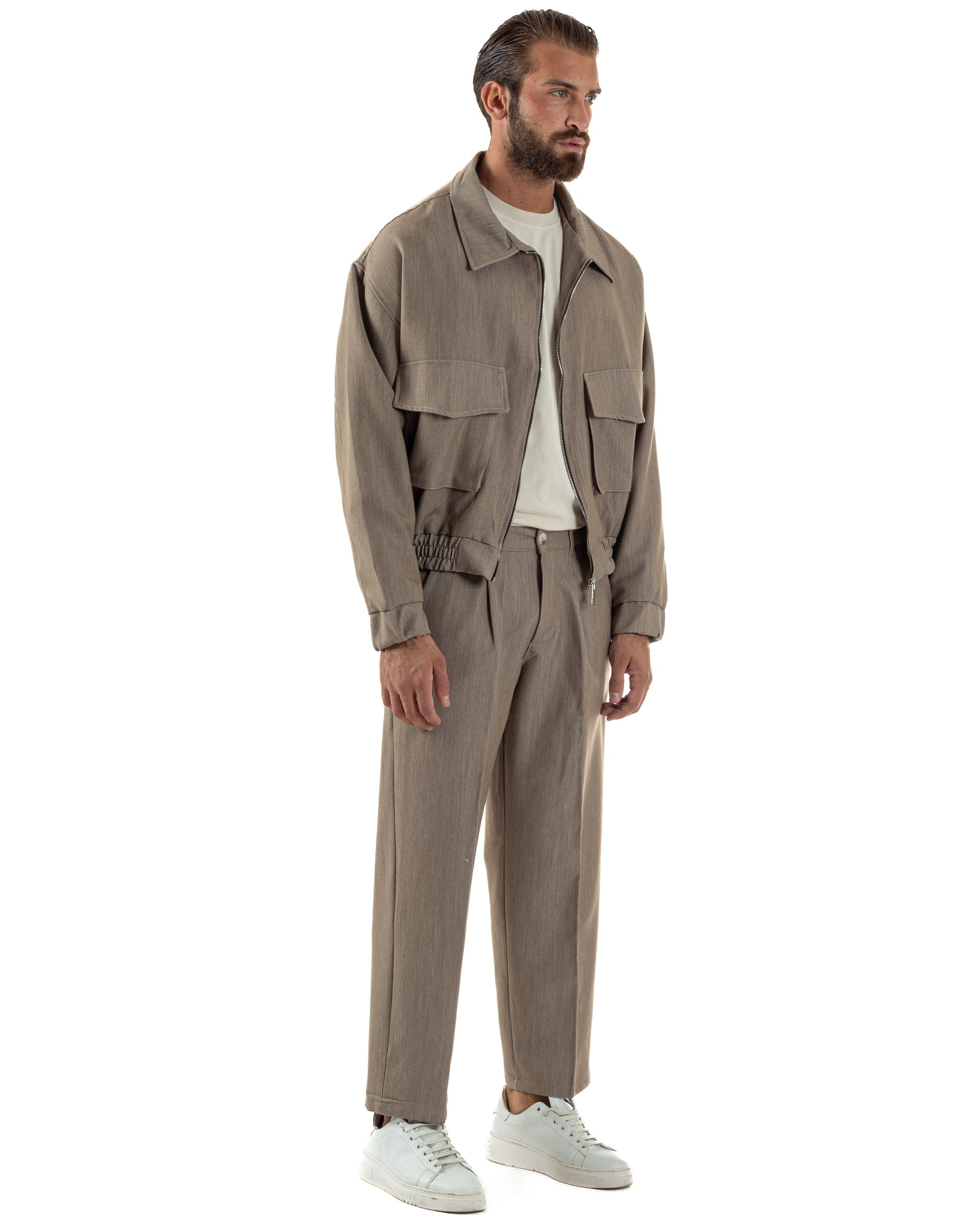 Coordinato Uomo Viscosa Giacca Boxy Fit Pantaloni Con Pinces Beige OU2541A