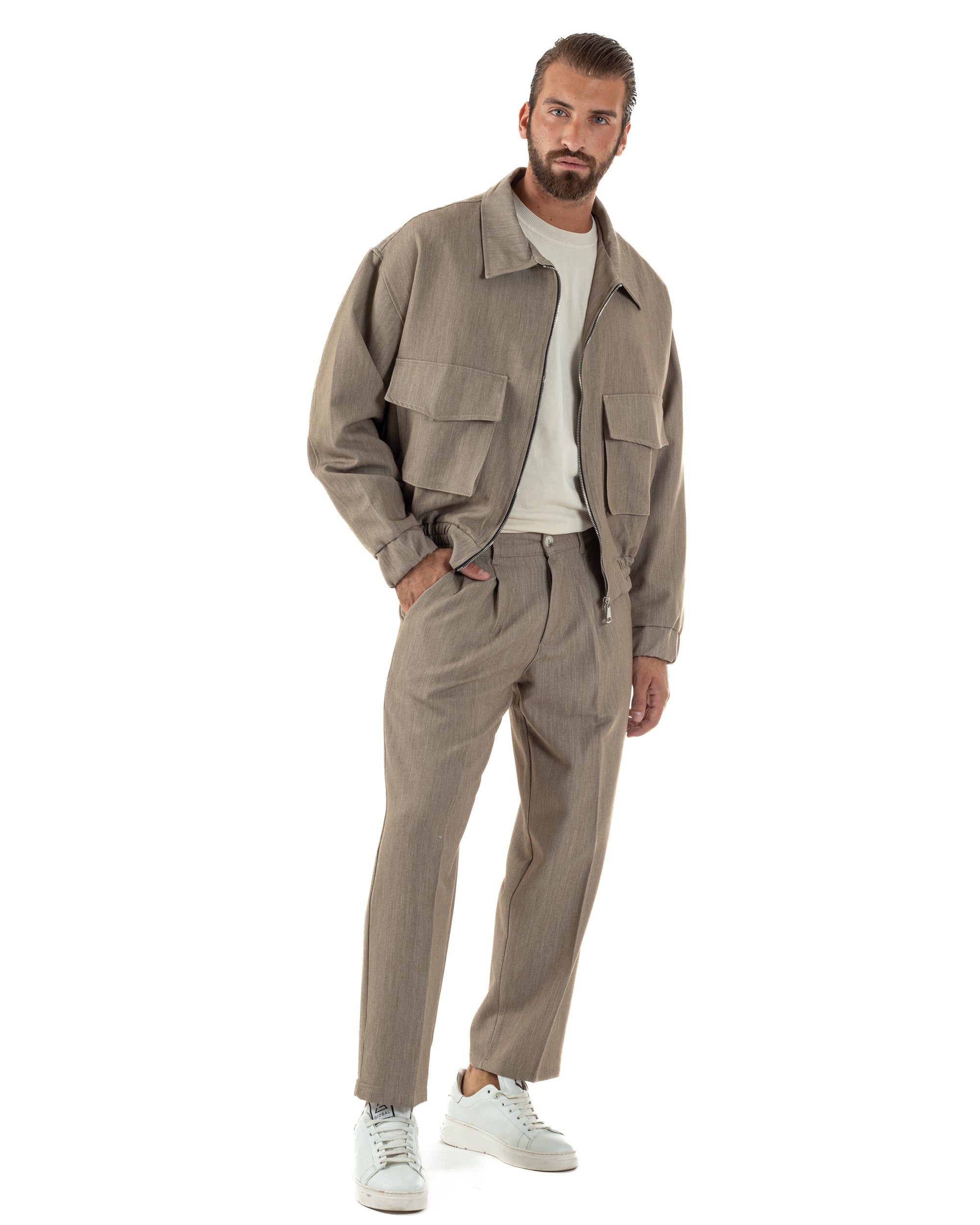 Coordinato Uomo Viscosa Giacca Boxy Fit Pantaloni Con Pinces Beige OU2541A