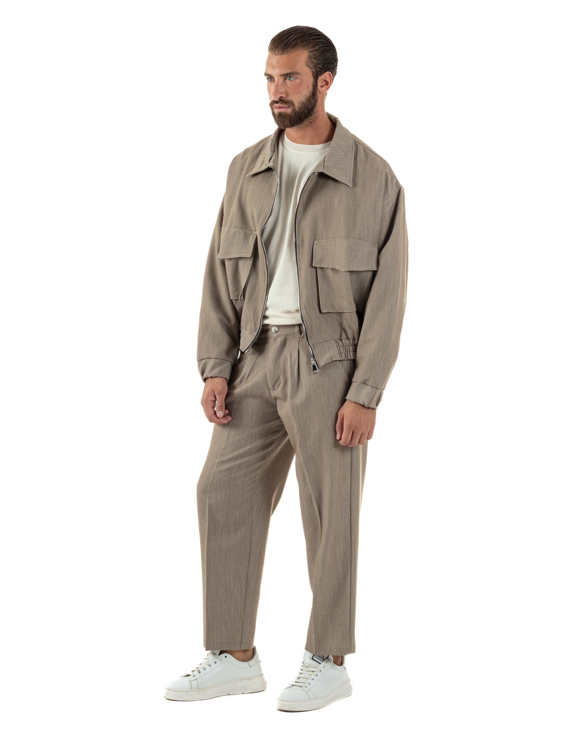 Coordinato Uomo Viscosa Giacca Boxy Fit Pantaloni Con Pinces Beige OU2541A