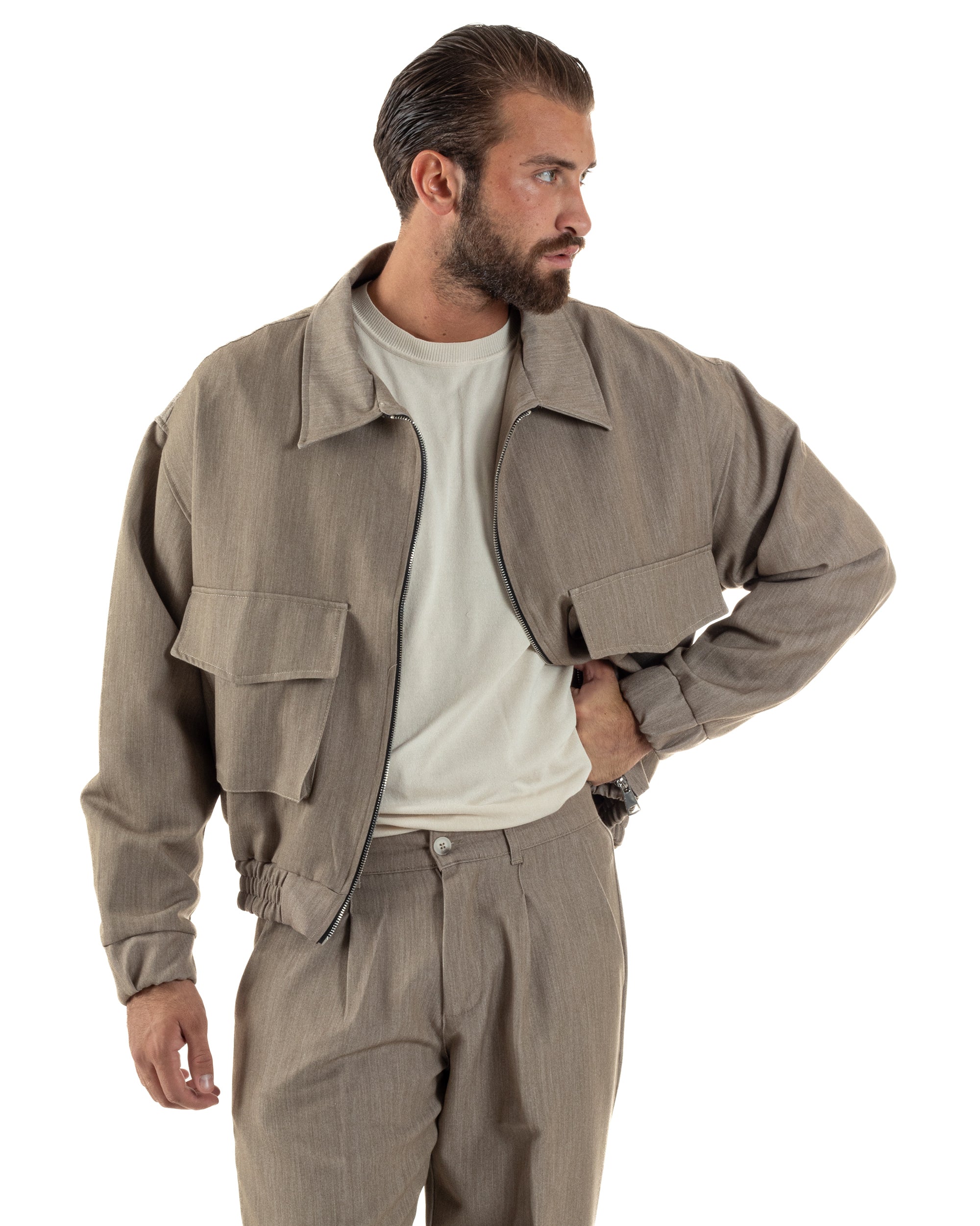 Coordinato Uomo Viscosa Giacca Boxy Fit Pantaloni Con Pinces Beige OU2541A