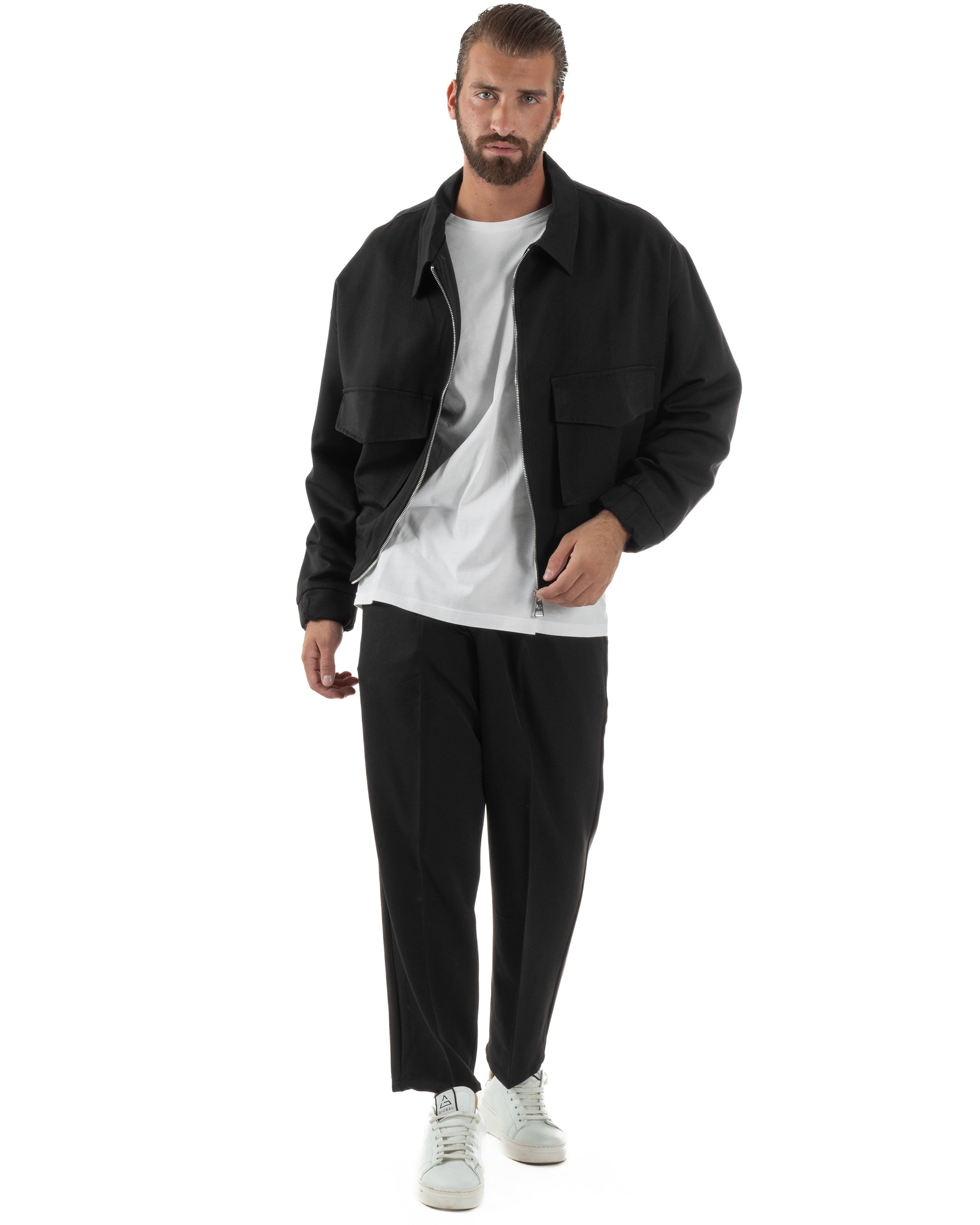 Coordinato Uomo Viscosa Giacca Boxy Fit Pantaloni Con Pinces Nero OU2542A