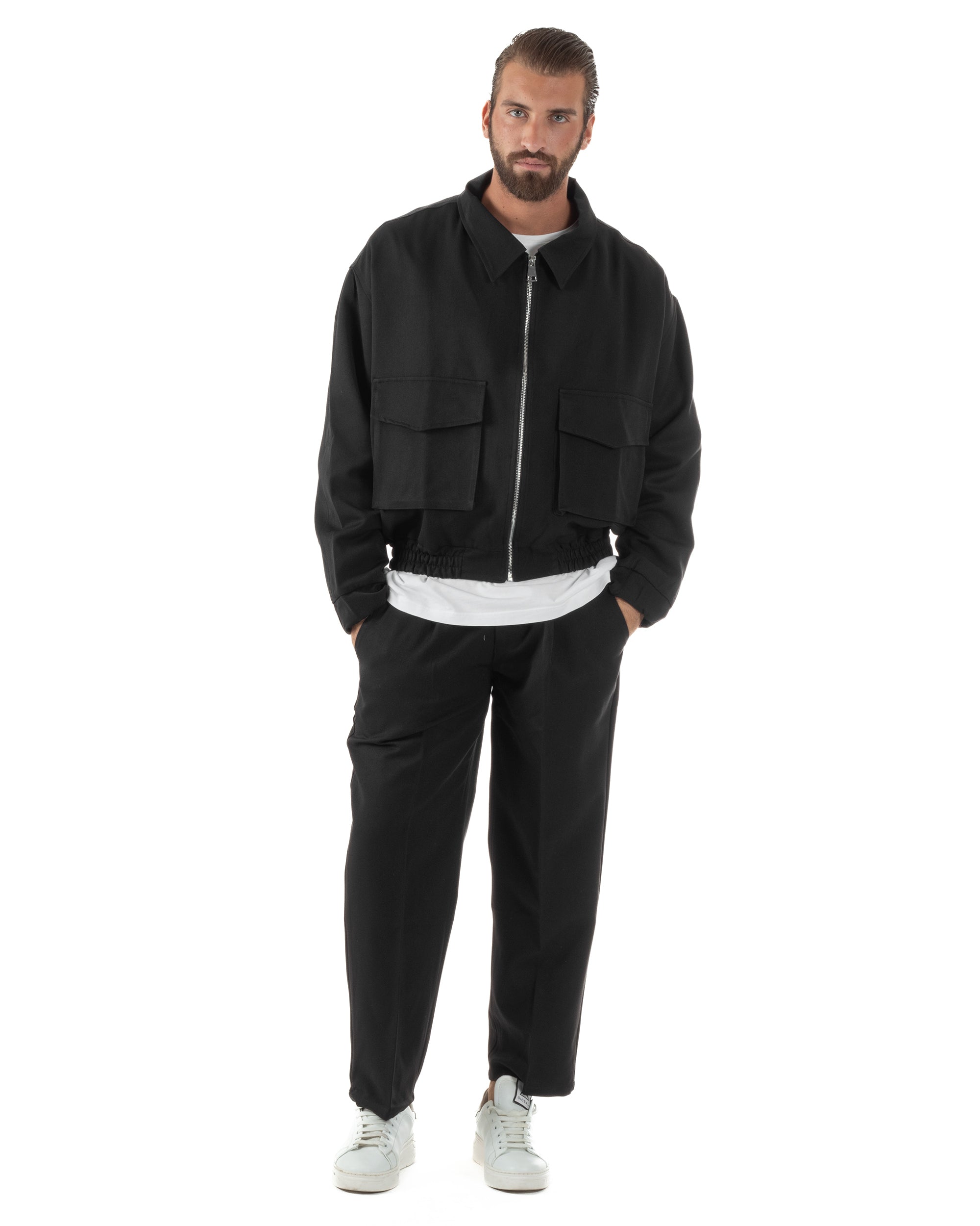 Coordinato Uomo Viscosa Giacca Boxy Fit Pantaloni Con Pinces Nero OU2542A