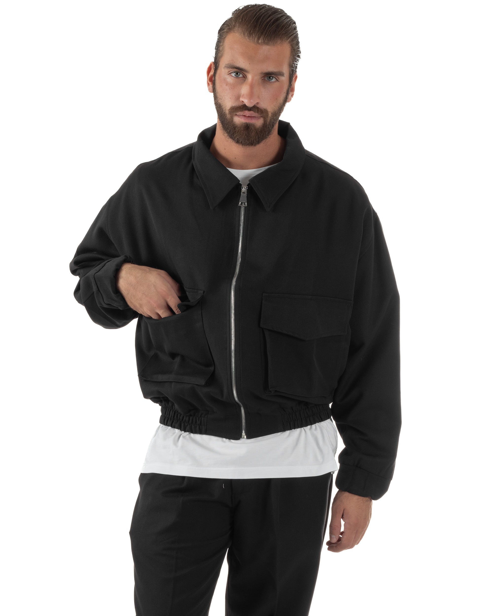 Coordinato Uomo Viscosa Giacca Boxy Fit Pantaloni Con Pinces Nero OU2542A