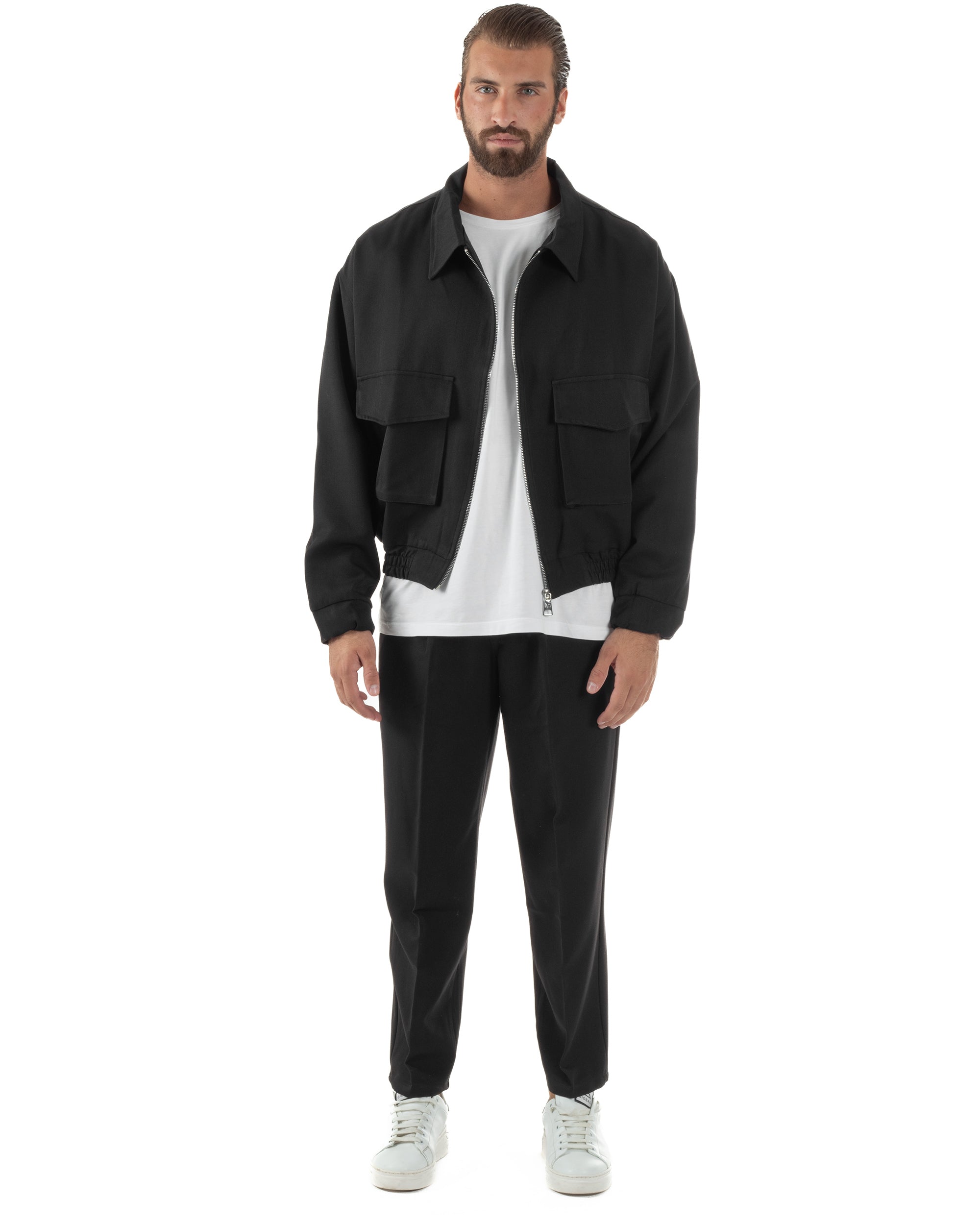 Coordinato Uomo Viscosa Giacca Boxy Fit Pantaloni Con Pinces Nero OU2542A
