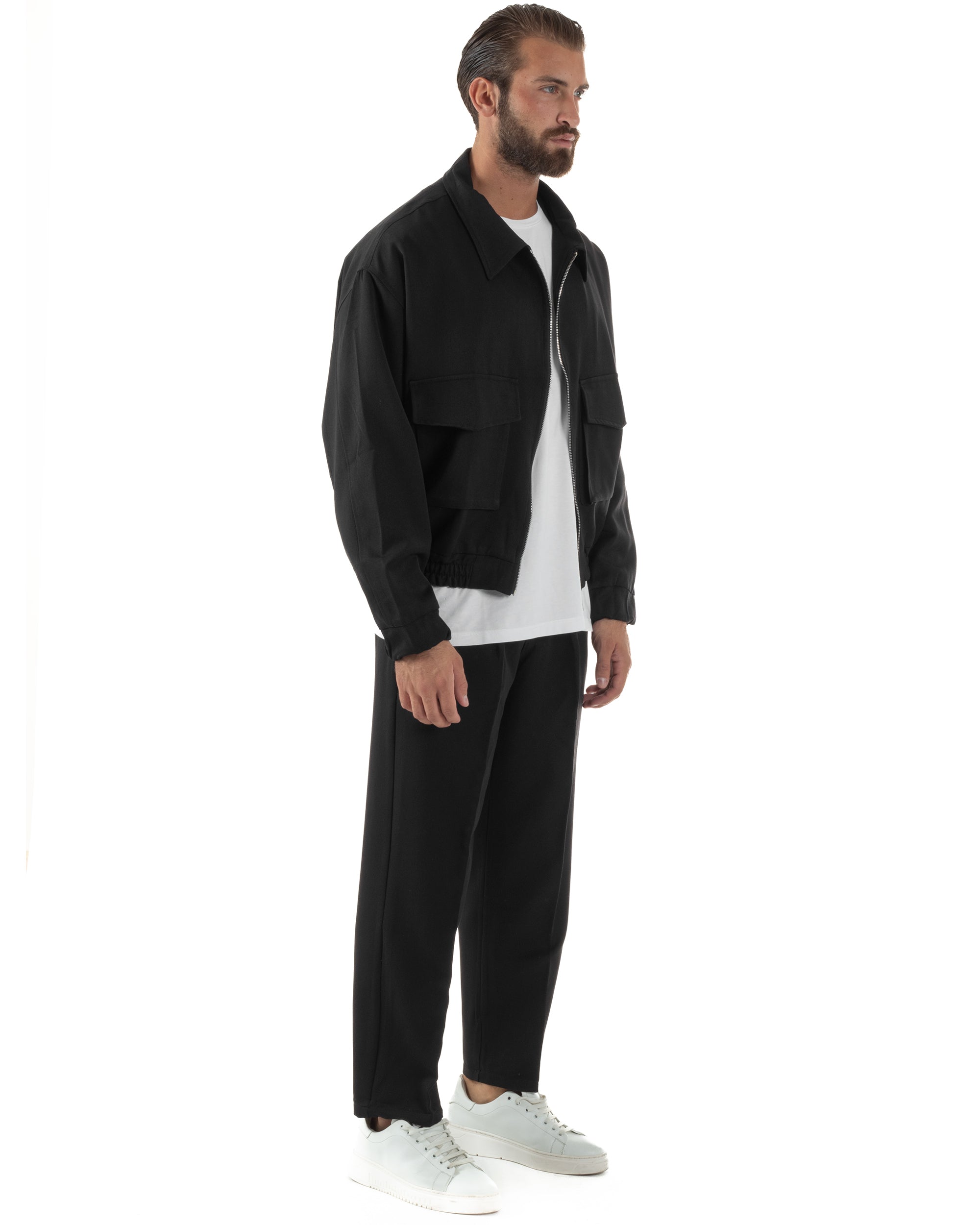 Coordinato Uomo Viscosa Giacca Boxy Fit Pantaloni Con Pinces Nero OU2542A