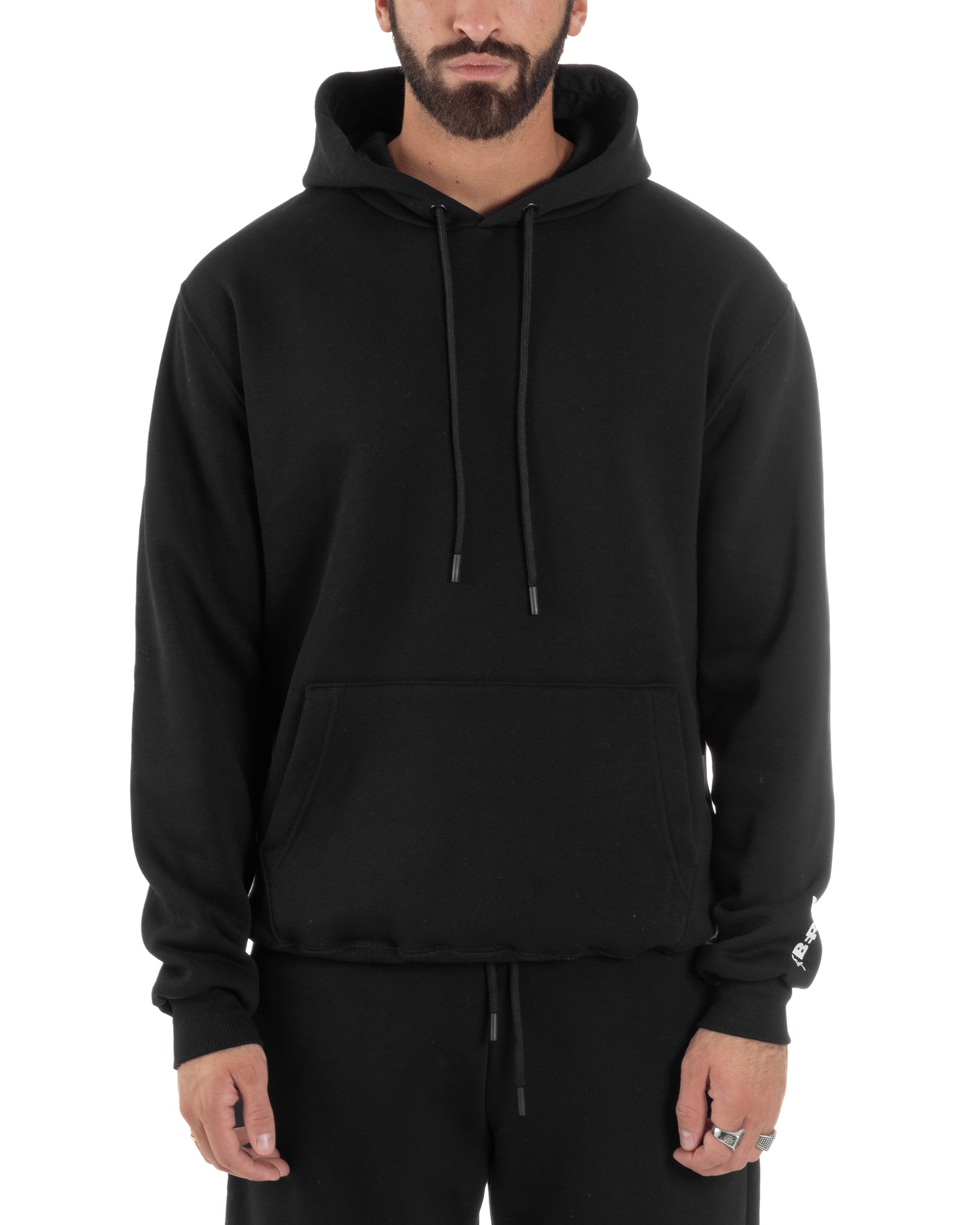 Coordinato Uomo Tuta Berna Felpa Cappuccio Pantaloni Jogger Nero OU2543A