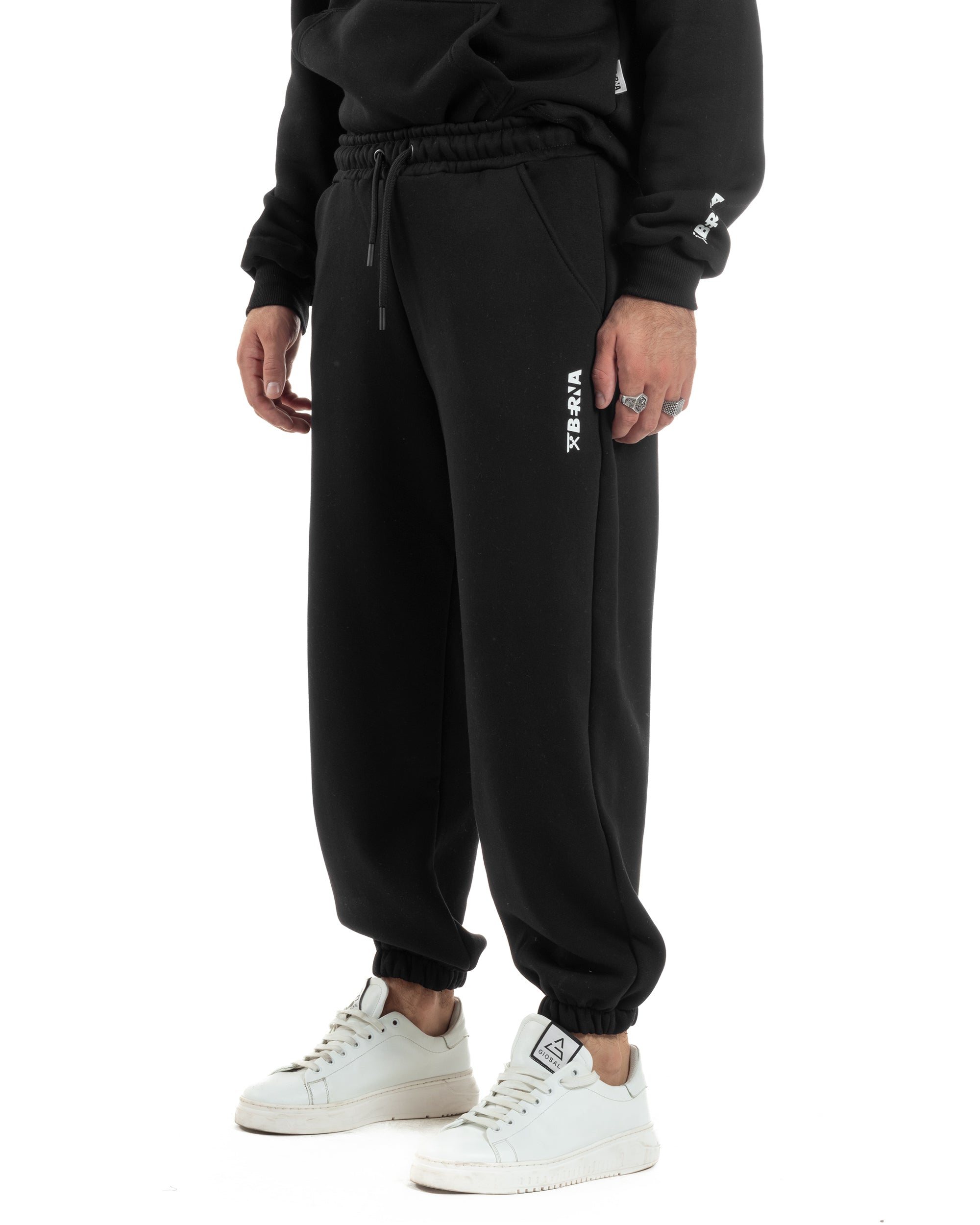 Coordinato Uomo Tuta Berna Felpa Cappuccio Pantaloni Jogger Nero OU2543A