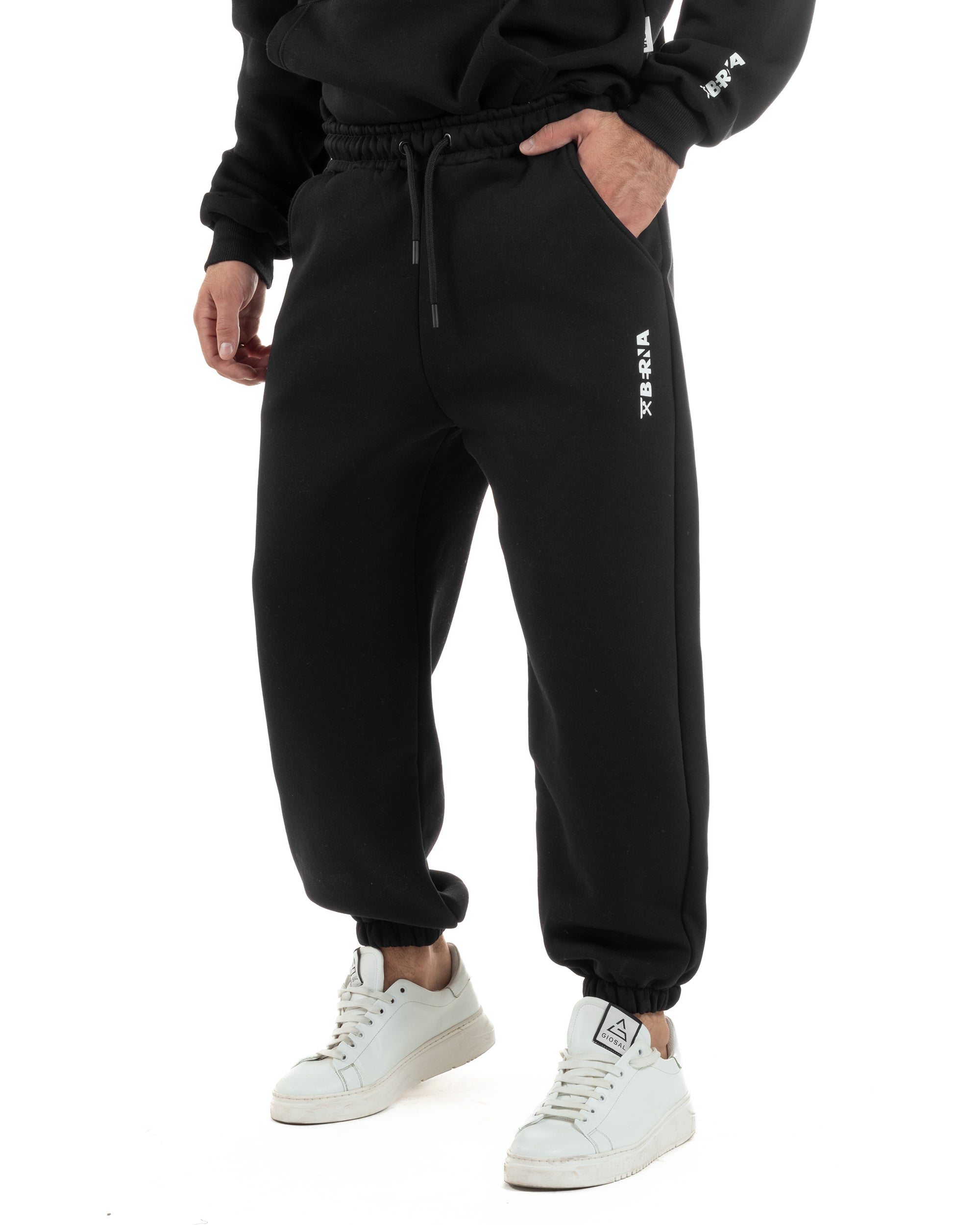 Coordinato Uomo Tuta Berna Felpa Cappuccio Pantaloni Jogger Nero OU2543A