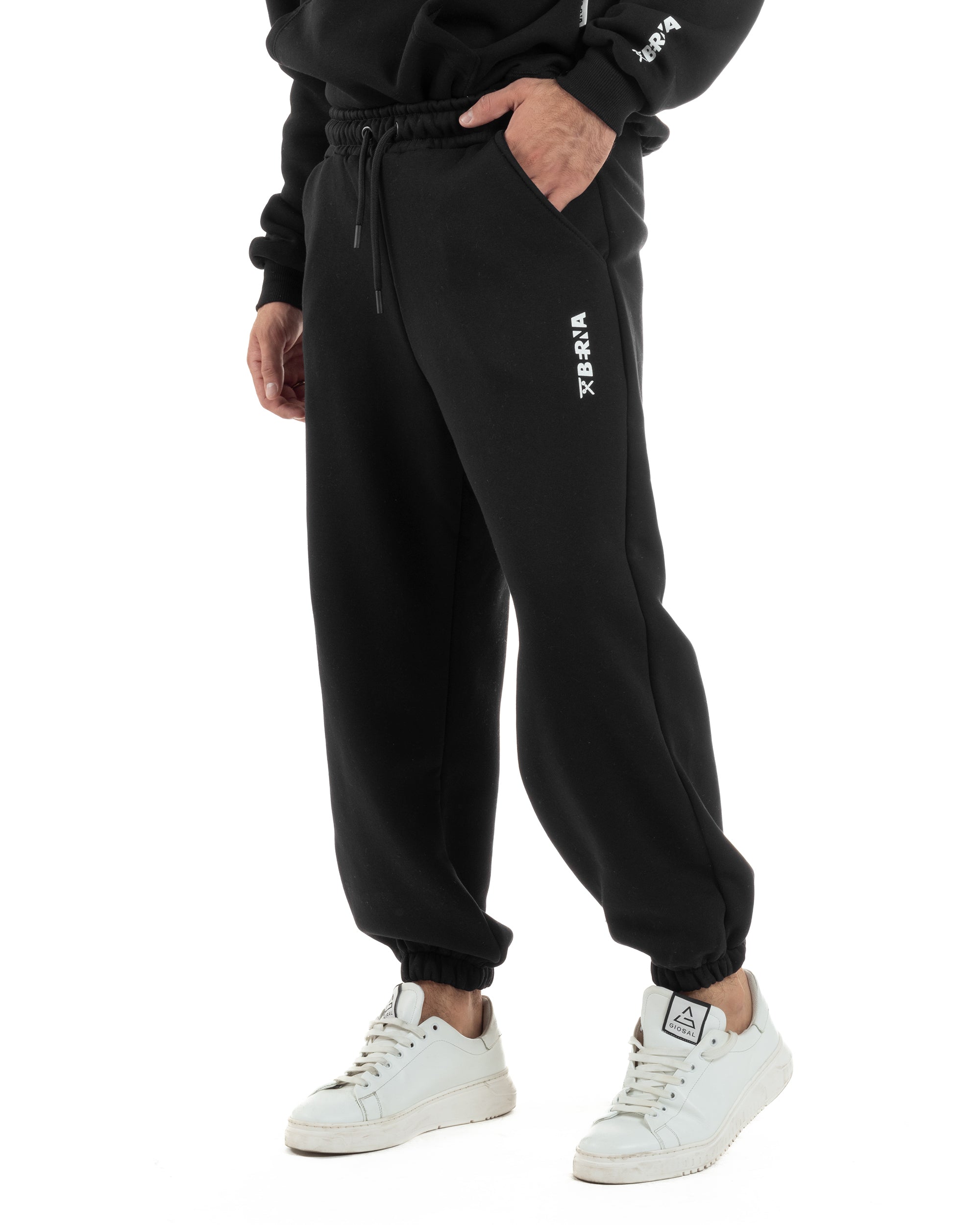 Coordinato Uomo Tuta Berna Felpa Cappuccio Pantaloni Jogger Nero OU2543A