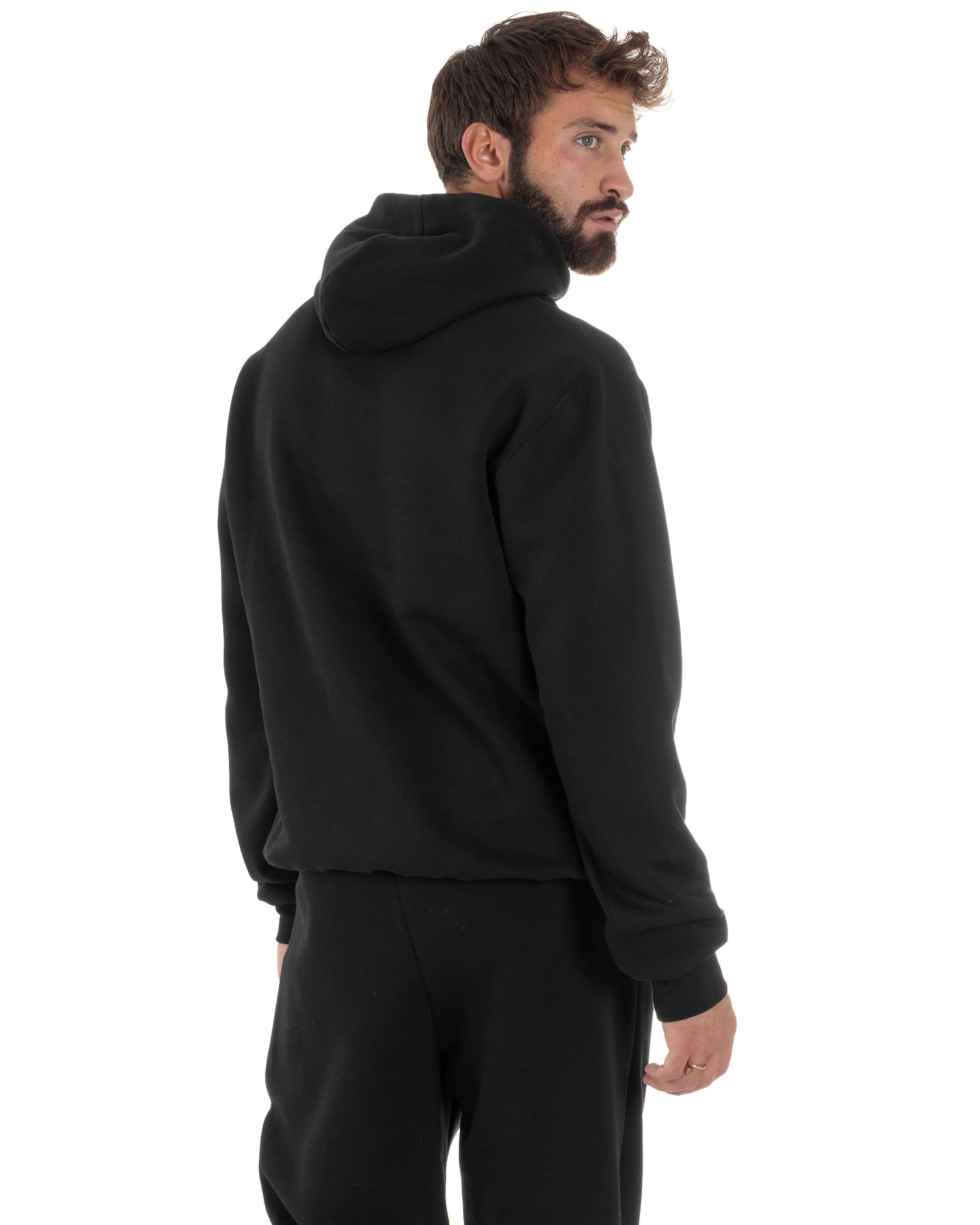 Coordinato Uomo Tuta Berna Felpa Cappuccio Pantaloni Jogger Nero OU2543A