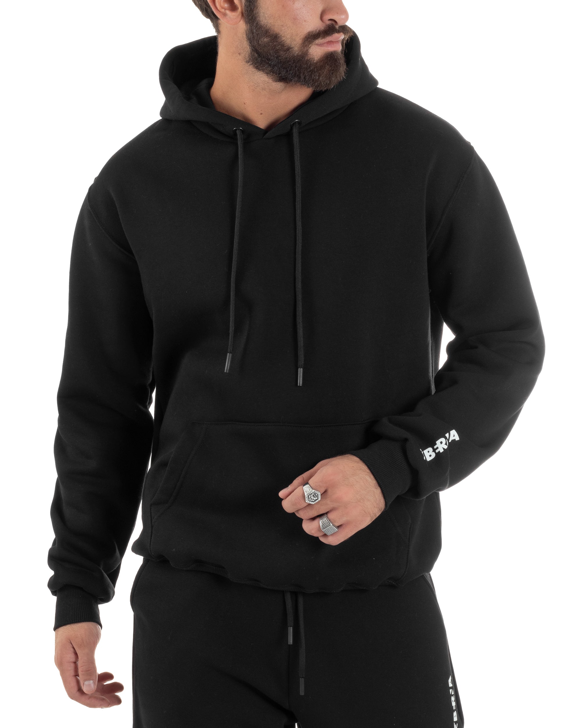 Coordinato Uomo Tuta Berna Felpa Cappuccio Pantaloni Jogger Nero OU2543A