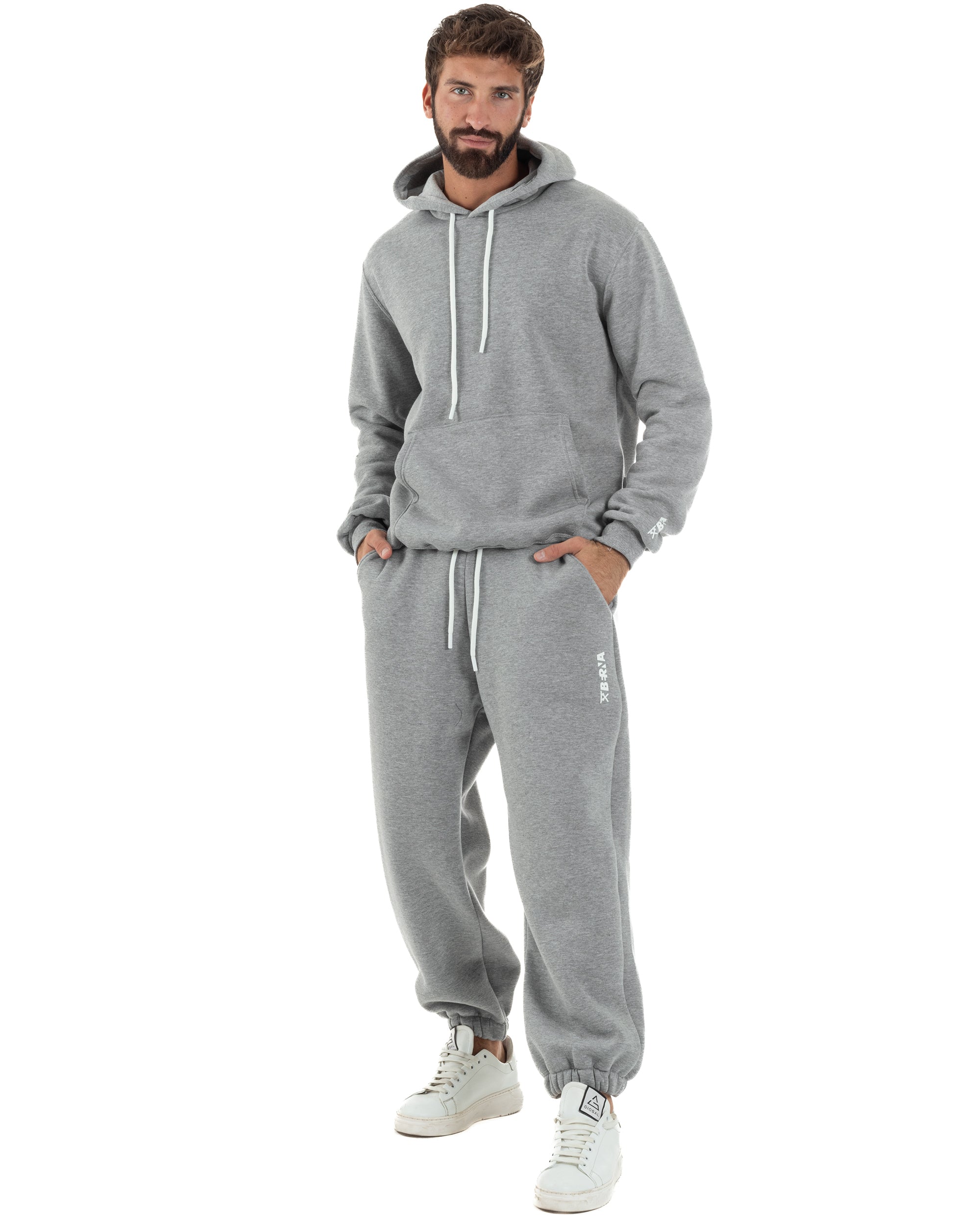 Coordinato Uomo Tuta Berna Felpa Cappuccio Pantaloni Jogger Grigio OU2544A