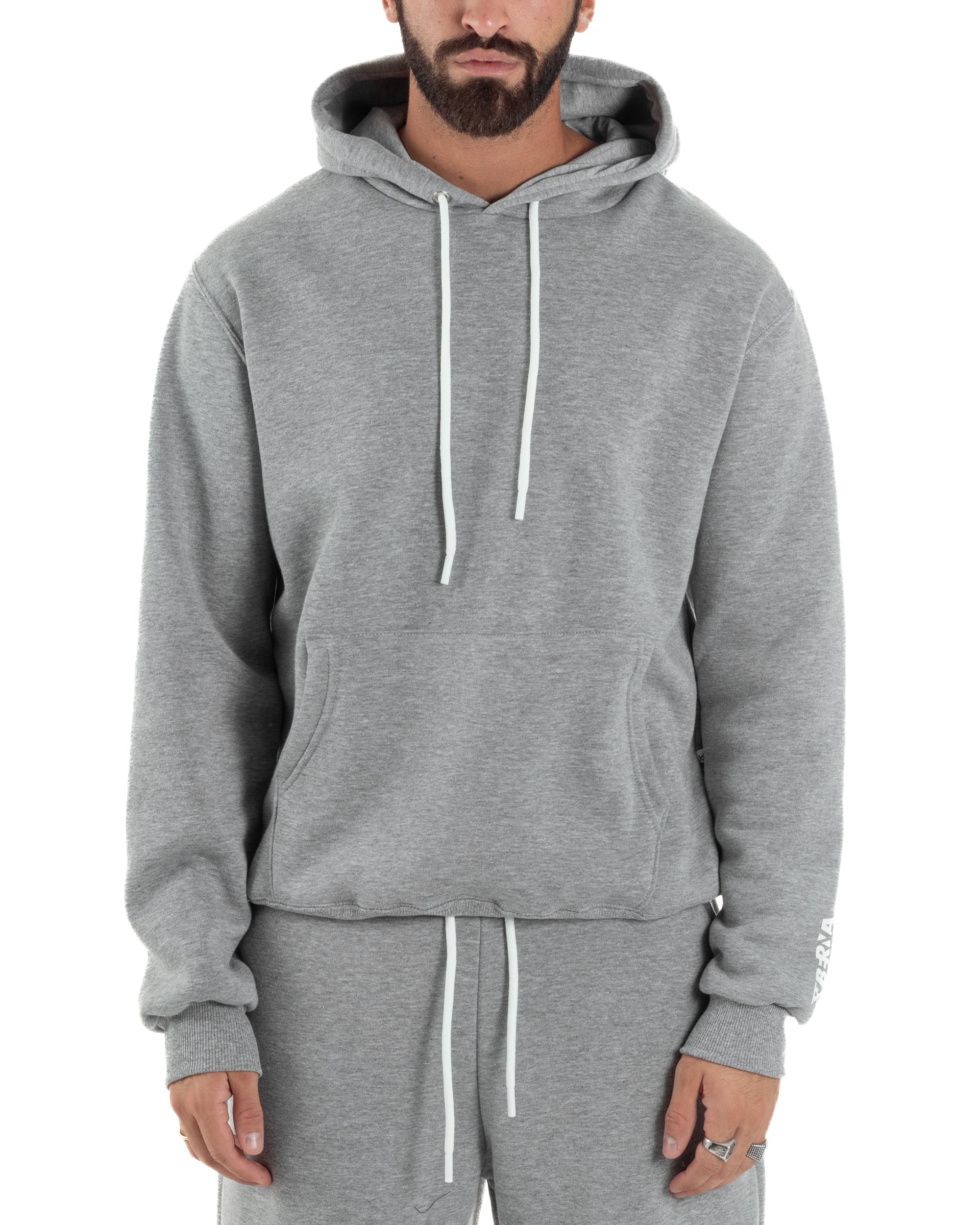 Coordinato Uomo Tuta Berna Felpa Cappuccio Pantaloni Jogger Grigio OU2544A