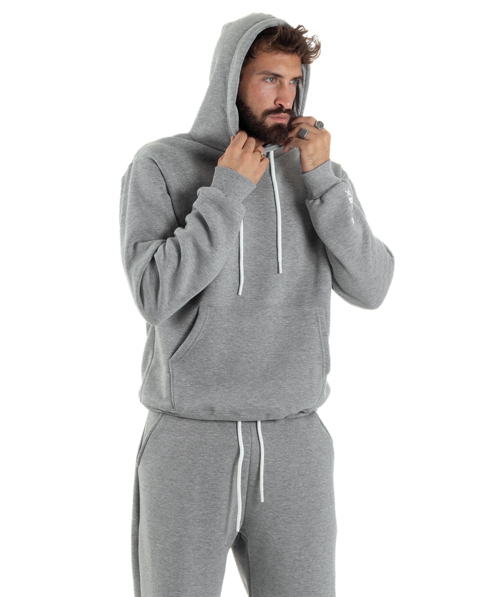 Coordinato Uomo Tuta Berna Felpa Cappuccio Pantaloni Jogger Grigio OU2544A