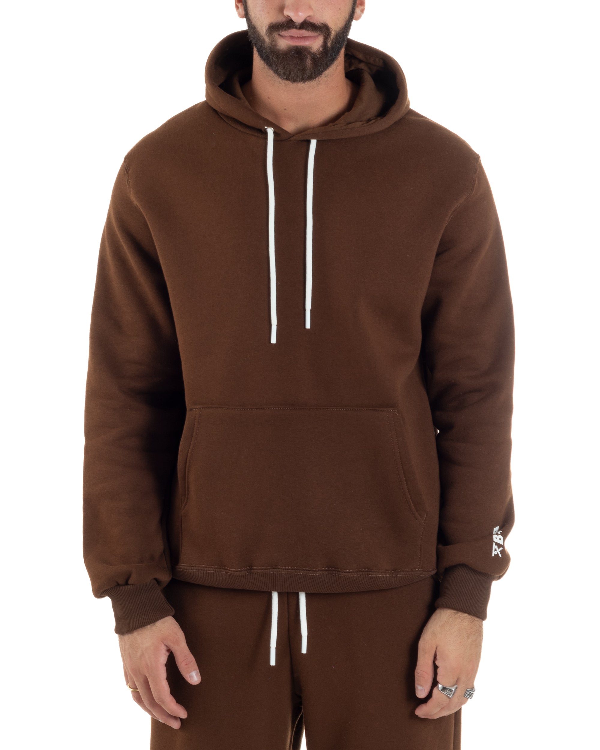 Coordinato Uomo Tuta Berna Felpa Cappuccio Pantaloni Jogger Marrone OU2545A