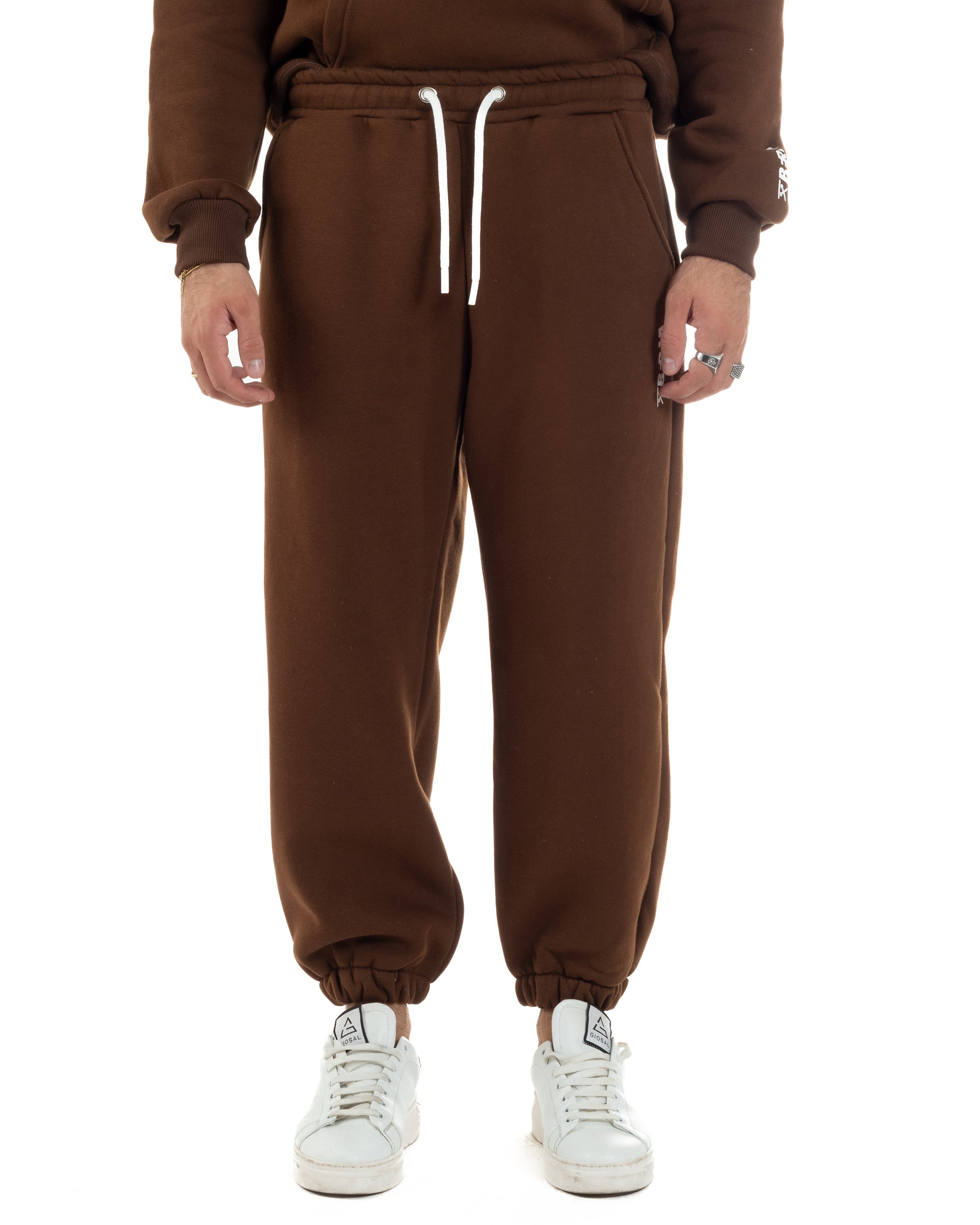 Coordinato Uomo Tuta Berna Felpa Cappuccio Pantaloni Jogger Marrone OU2545A