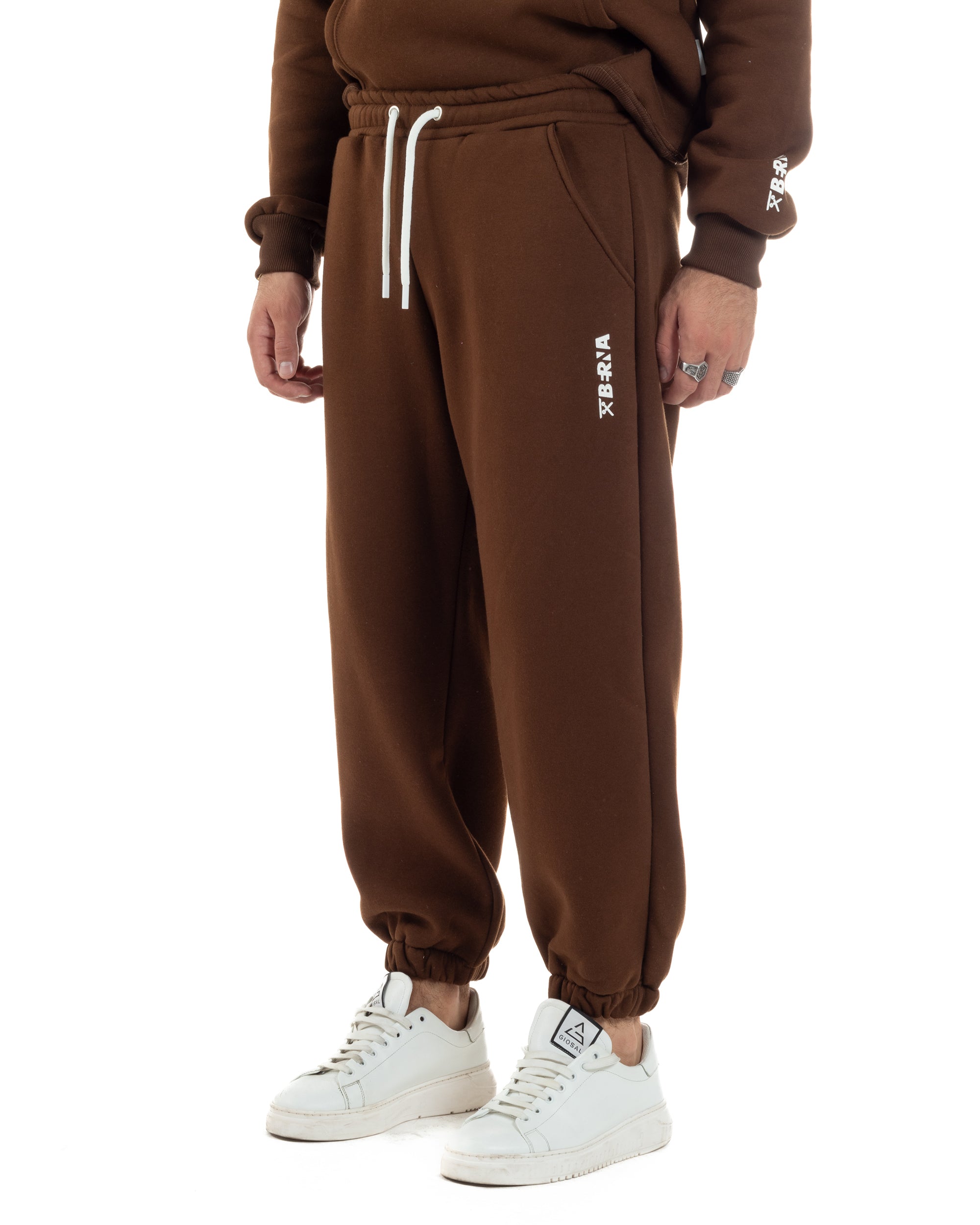 Coordinato Uomo Tuta Berna Felpa Cappuccio Pantaloni Jogger Marrone OU2545A