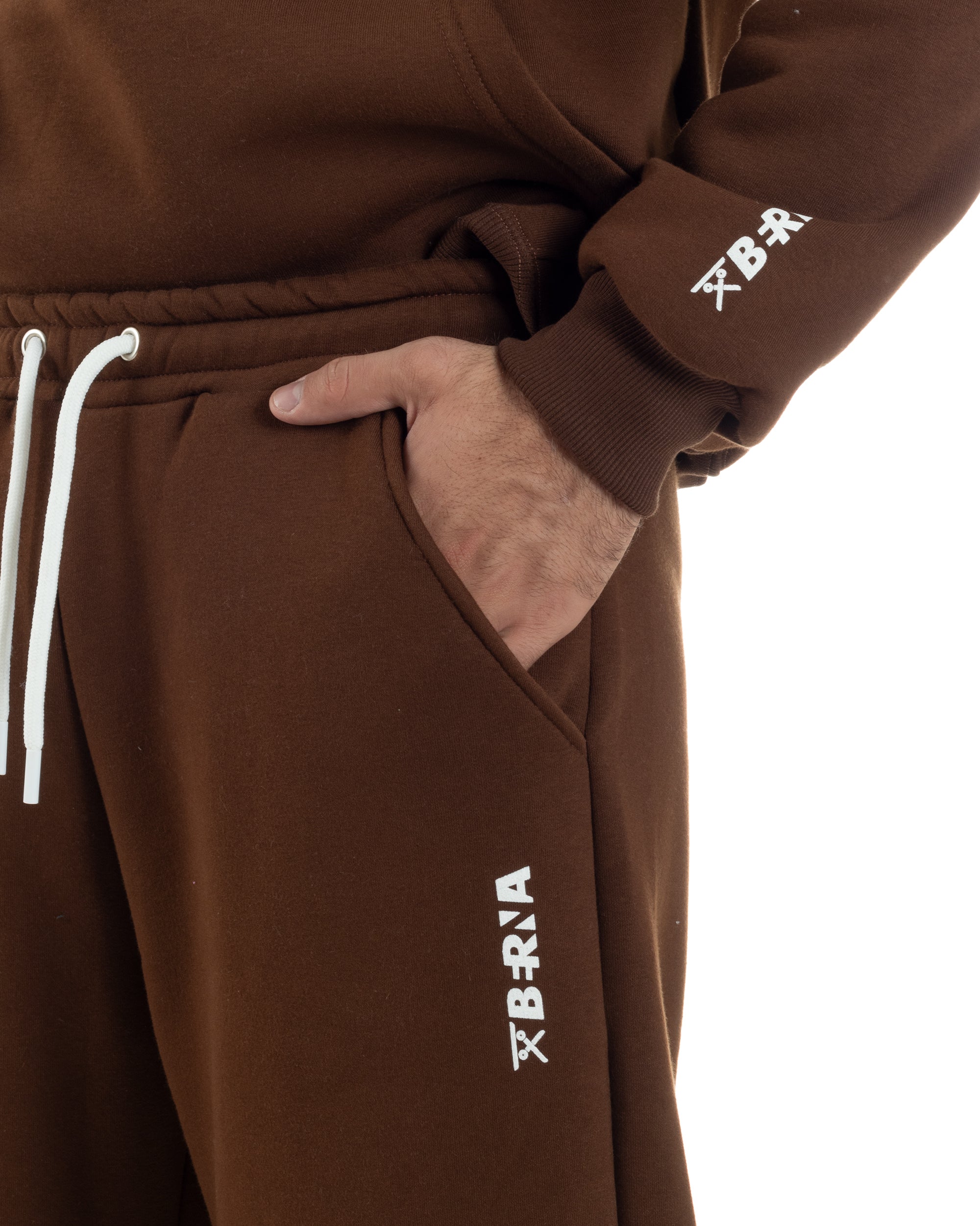 Coordinato Uomo Tuta Berna Felpa Cappuccio Pantaloni Jogger Marrone OU2545A