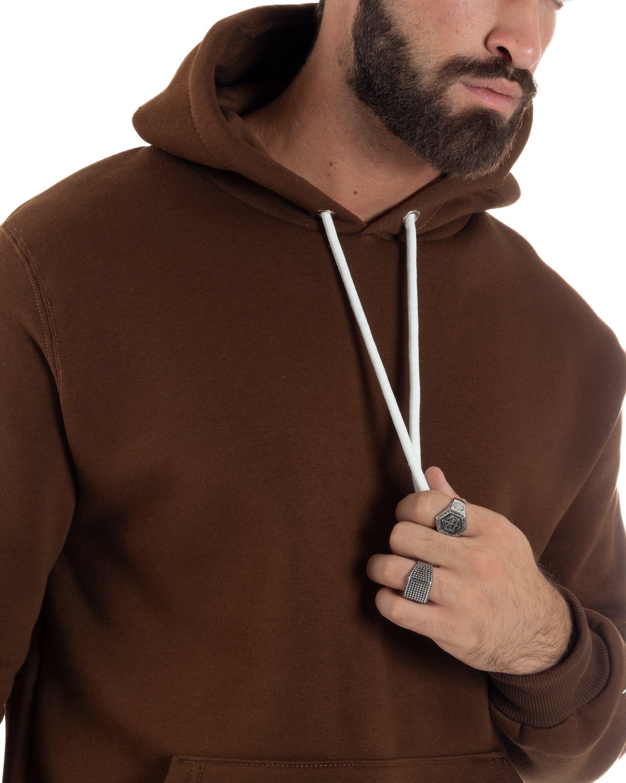 Coordinato Uomo Tuta Berna Felpa Cappuccio Pantaloni Jogger Marrone OU2545A