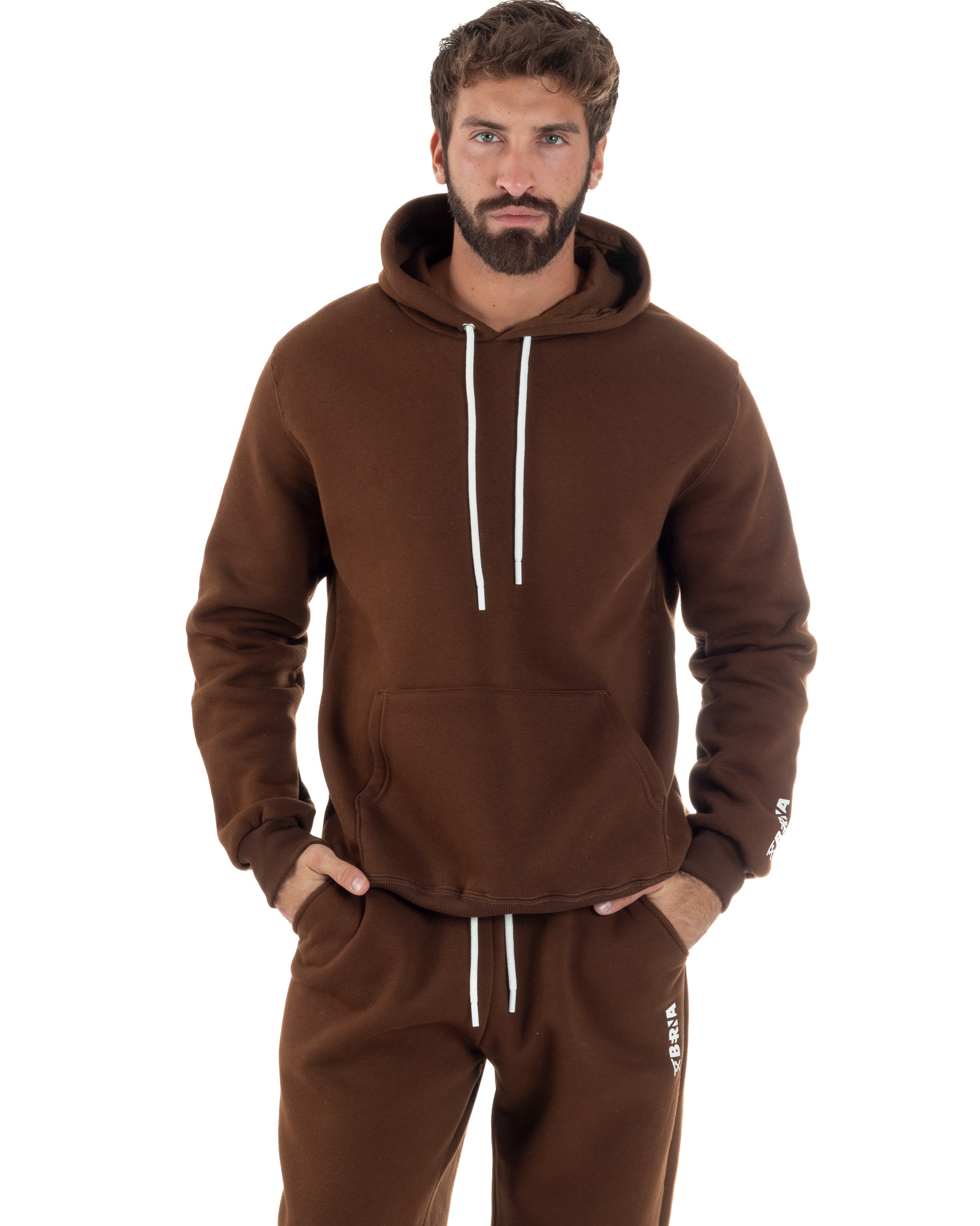 Coordinato Uomo Tuta Berna Felpa Cappuccio Pantaloni Jogger Marrone OU2545A
