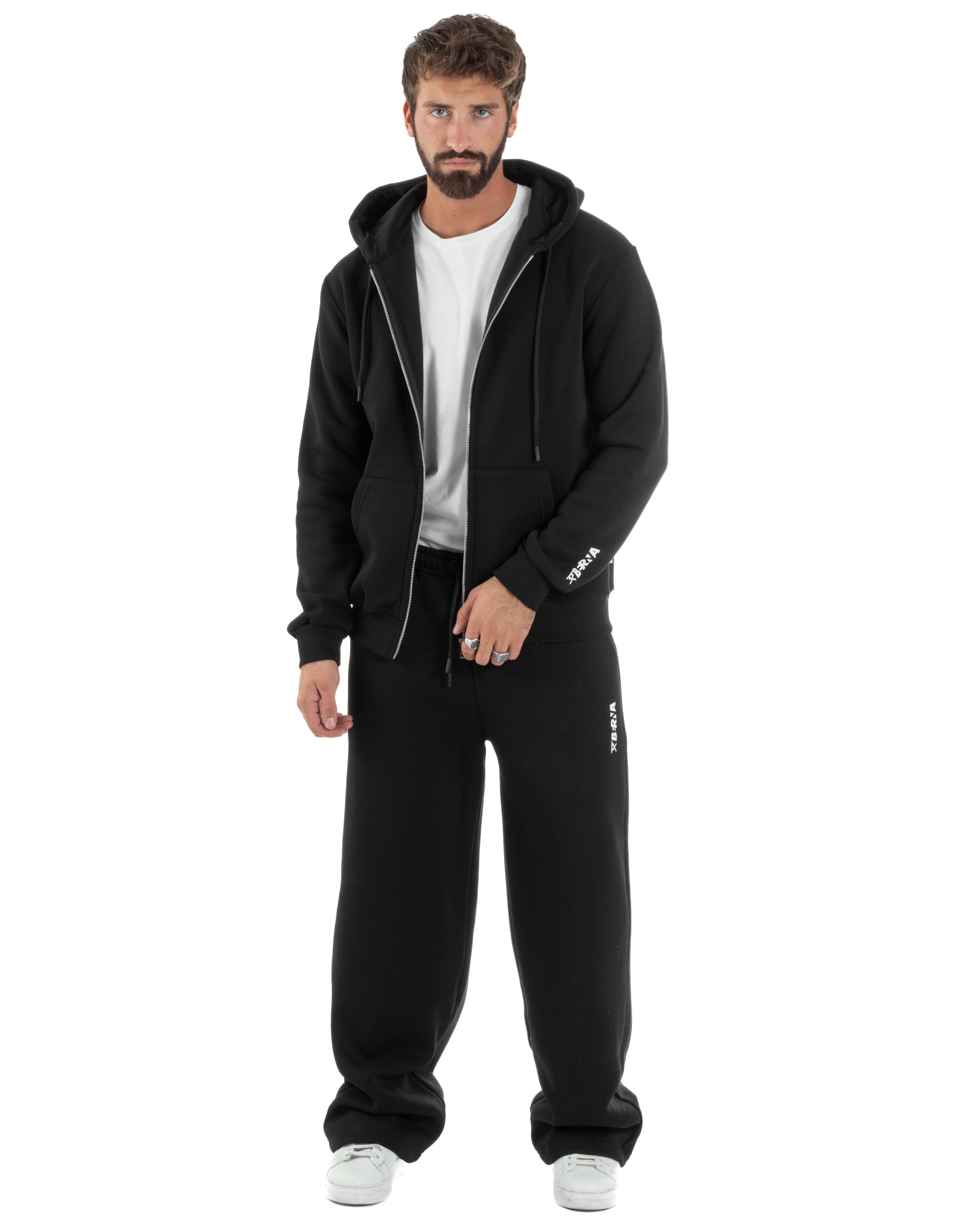 Coordinato Uomo Tuta Berna Felpa Zip Pantaloni Baggy Nero OU2547A