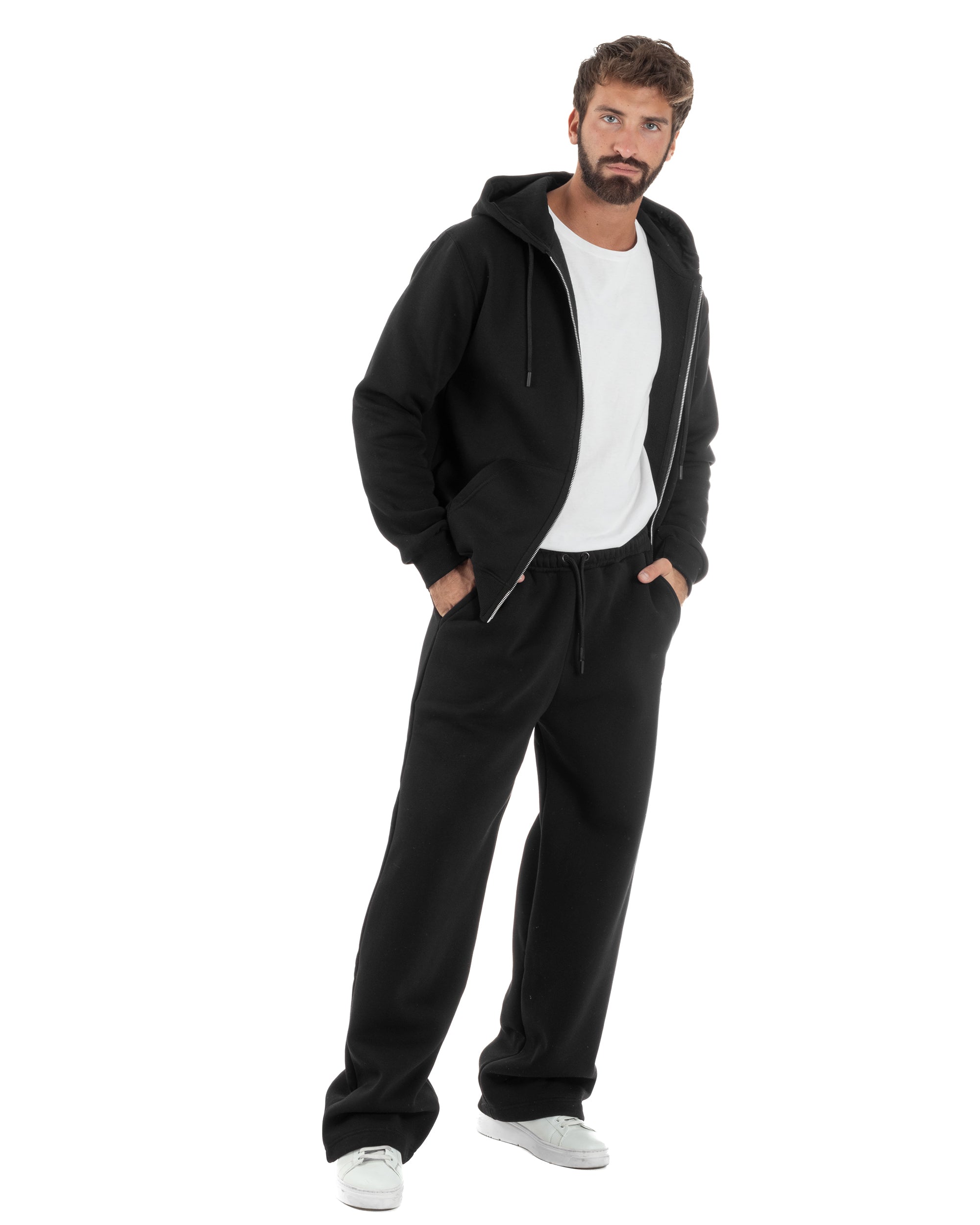 Coordinato Uomo Tuta Berna Felpa Zip Pantaloni Baggy Nero OU2547A