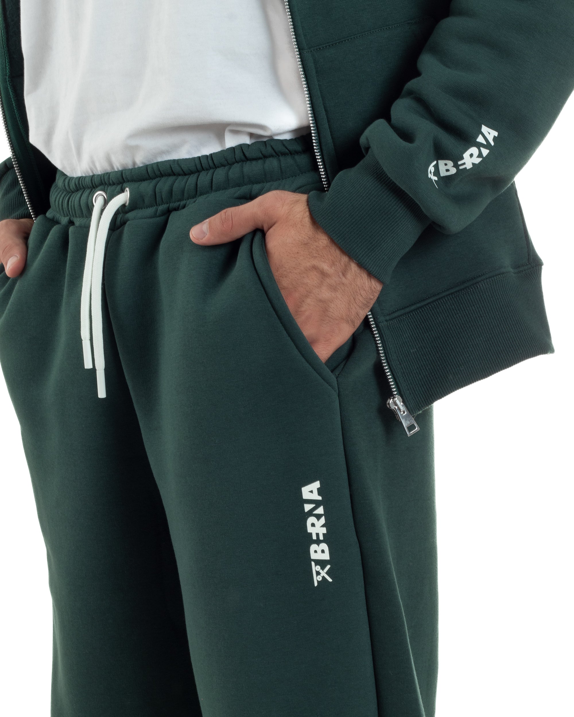 Coordinato Uomo Tuta Berna Felpa Zip Pantaloni Baggy Verde OU2548A