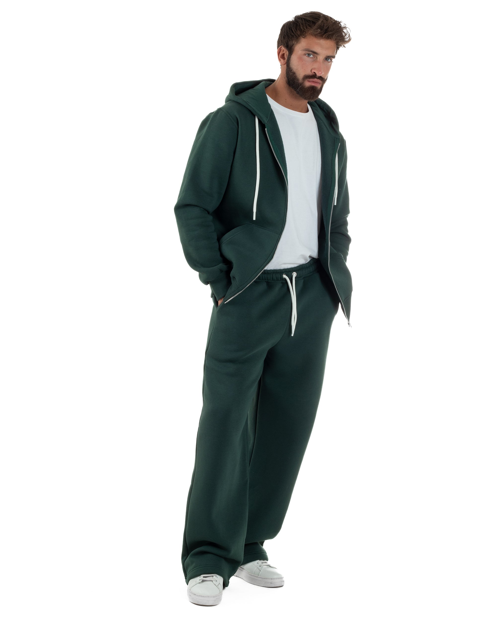 Coordinato Uomo Tuta Berna Felpa Zip Pantaloni Baggy Verde OU2548A