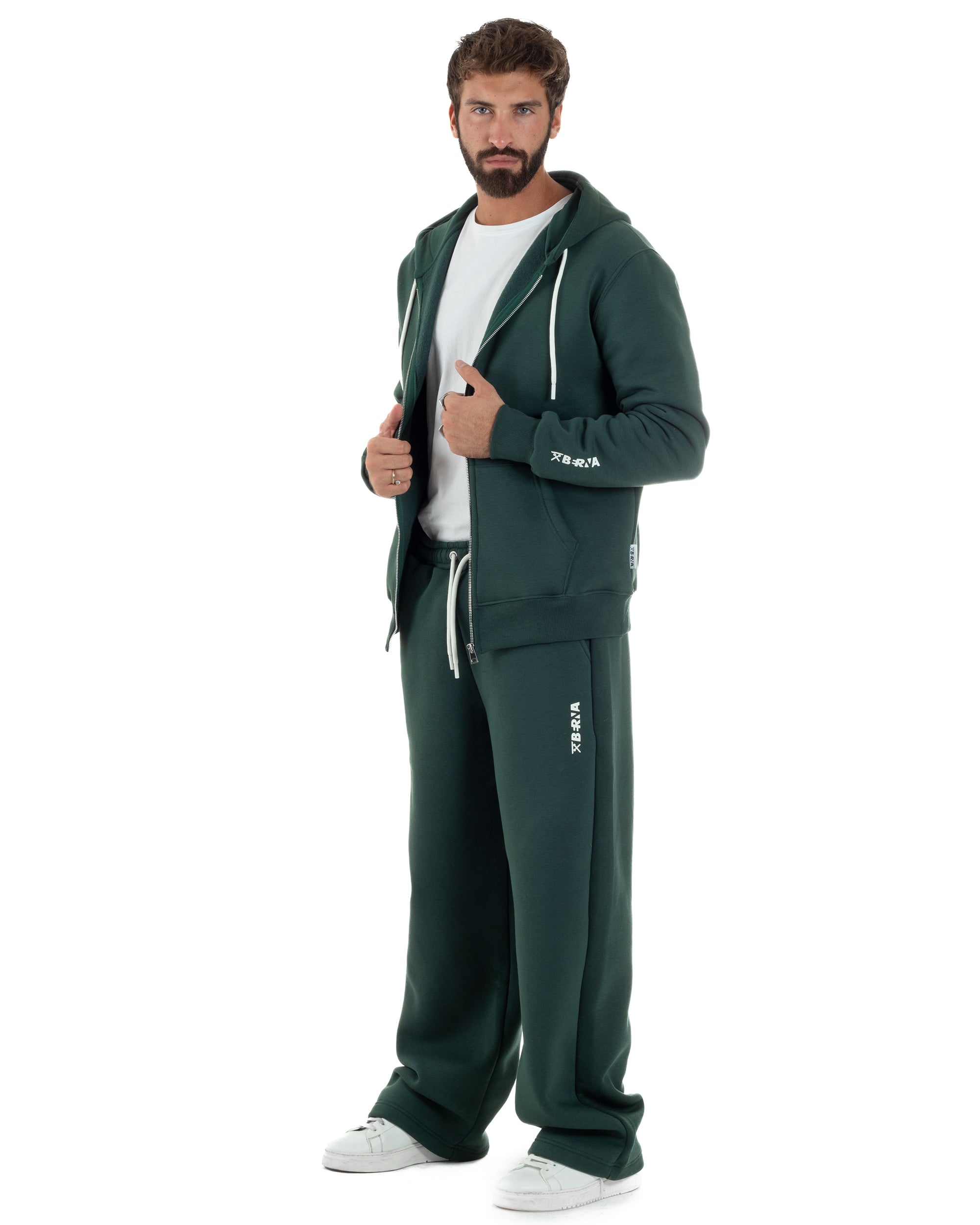 Coordinato Uomo Tuta Berna Felpa Zip Pantaloni Baggy Verde OU2548A