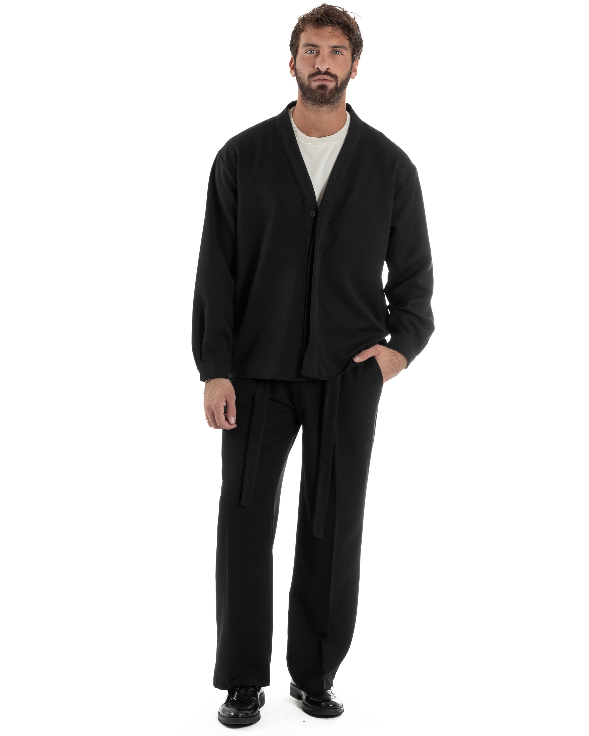 Coordinato Viscosa Uomo Camicia Scollo V Pantaloni Baggy Nero OU2549A
