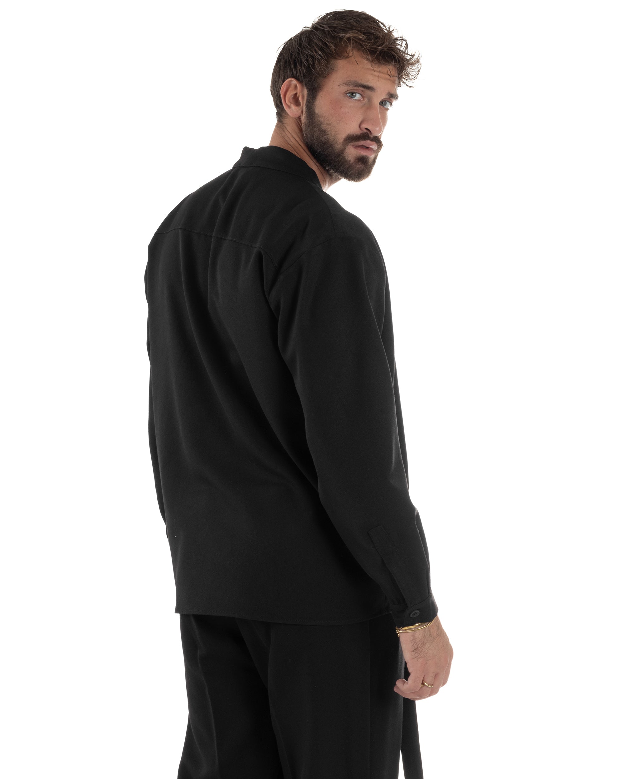 Coordinato Viscosa Uomo Camicia Scollo V Pantaloni Baggy Nero OU2549A