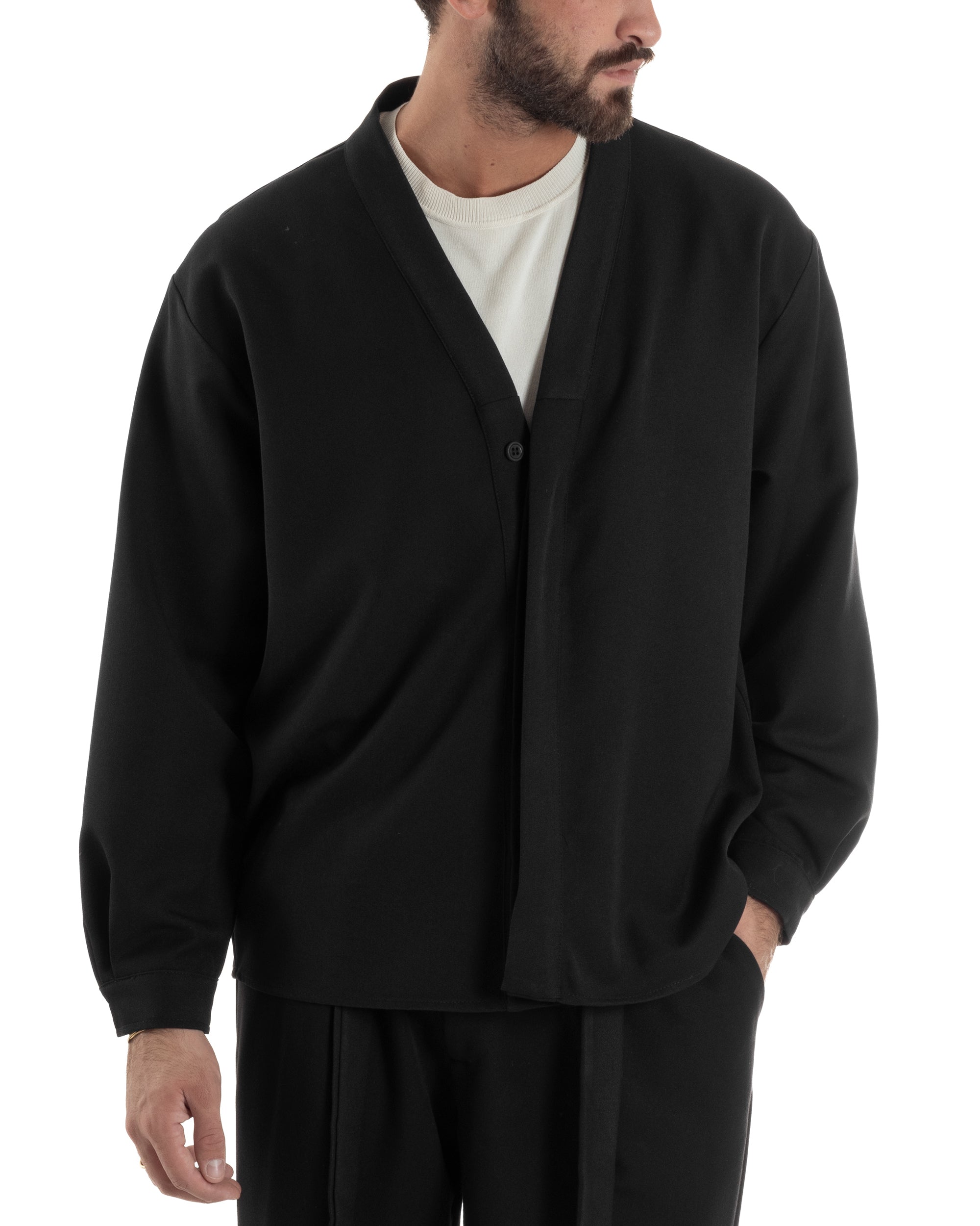 Coordinato Viscosa Uomo Camicia Scollo V Pantaloni Baggy Nero OU2549A