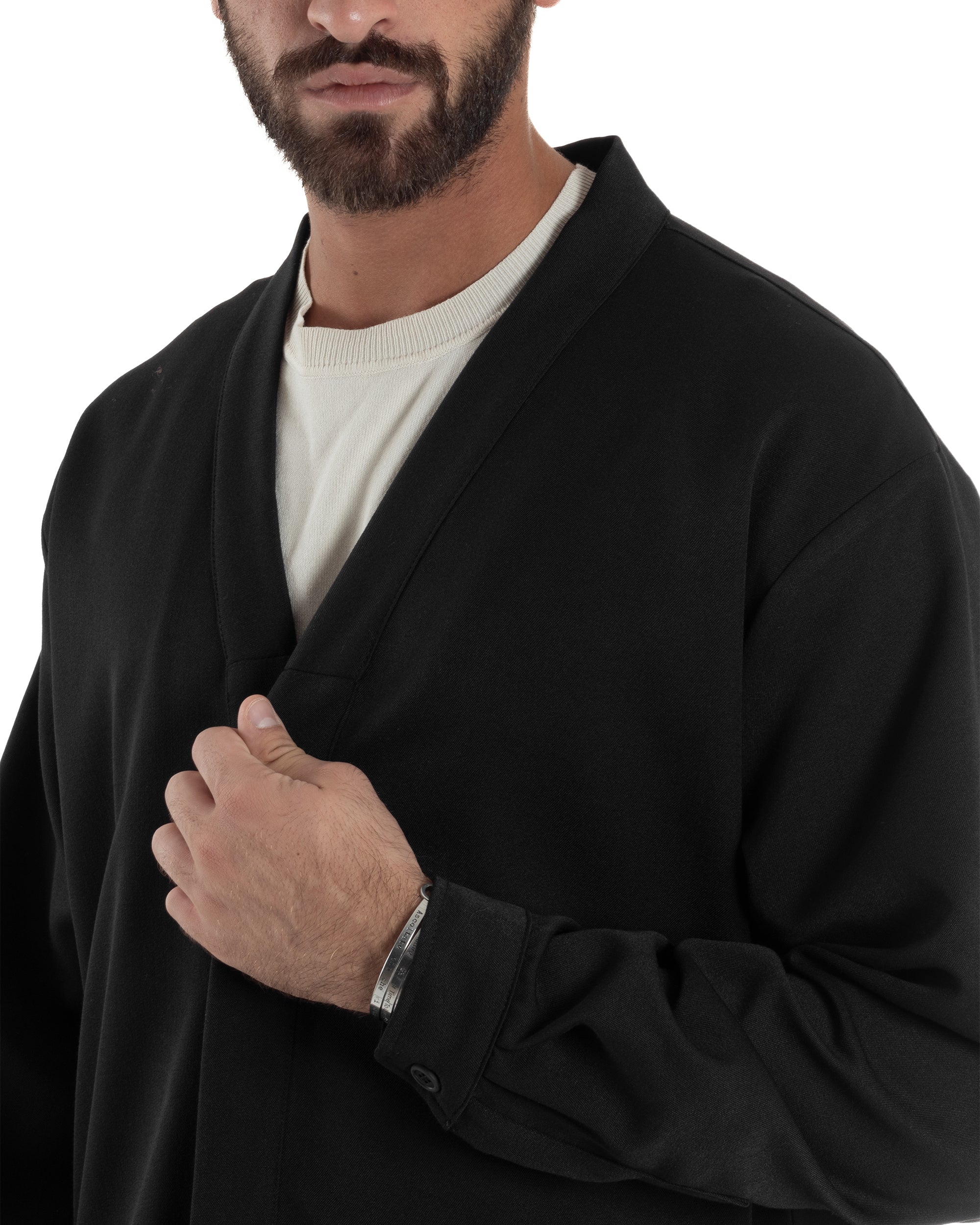 Coordinato Viscosa Uomo Camicia Scollo V Pantaloni Baggy Nero OU2549A