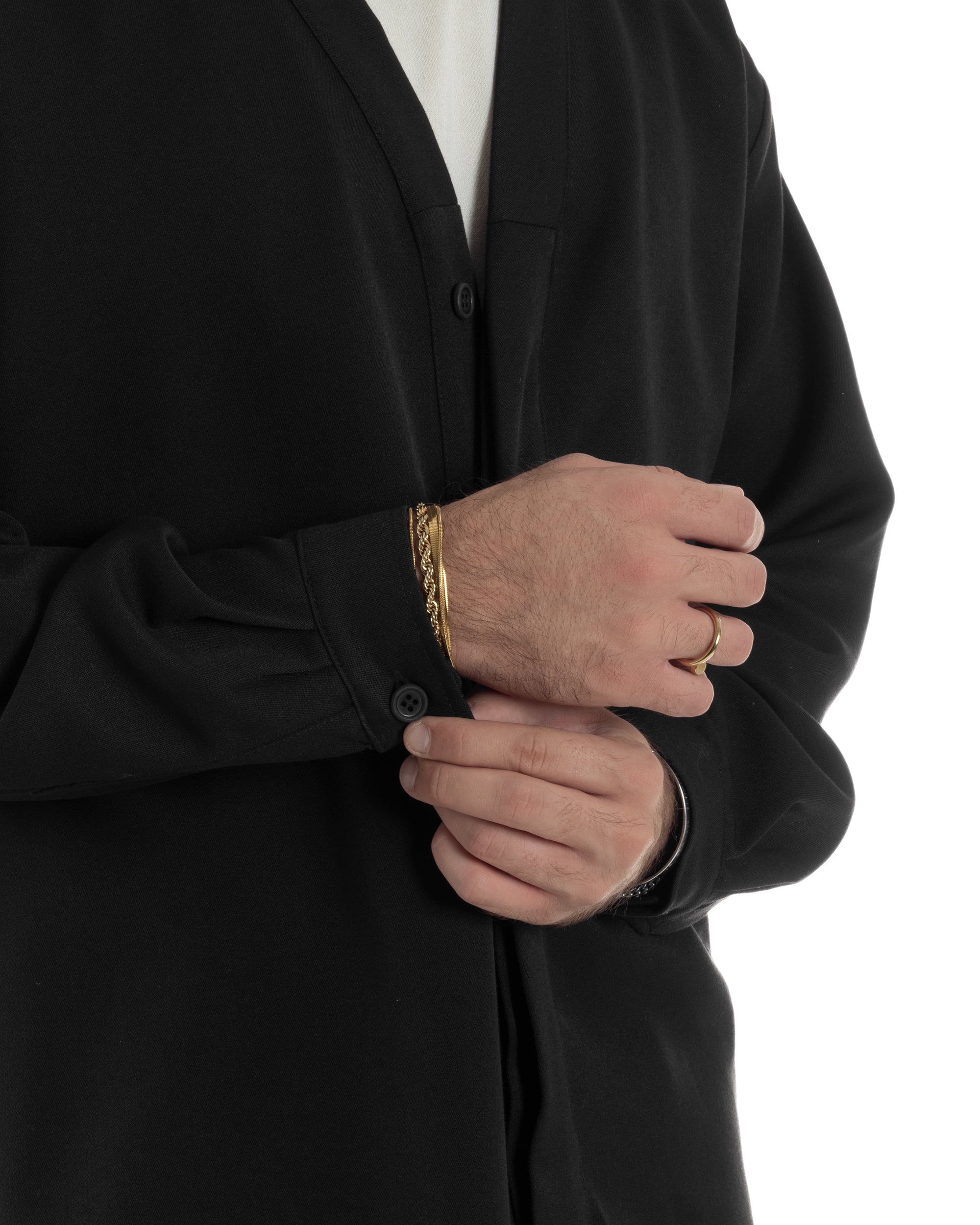 Coordinato Viscosa Uomo Camicia Scollo V Pantaloni Baggy Nero OU2549A